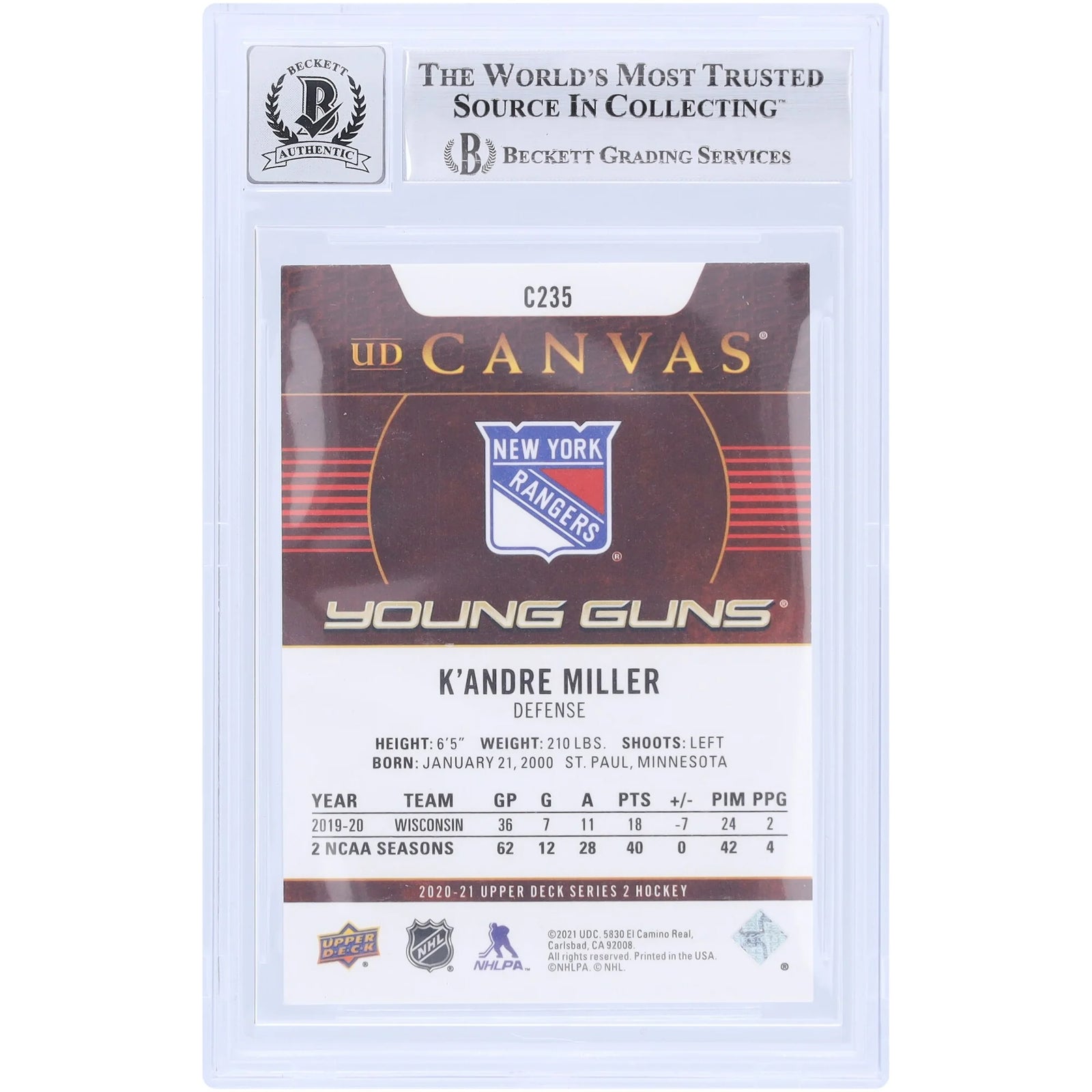 K'Andre Miller Signed 2020-21 Upper Deck Young Guns Canvas #C235 | Beckett 10