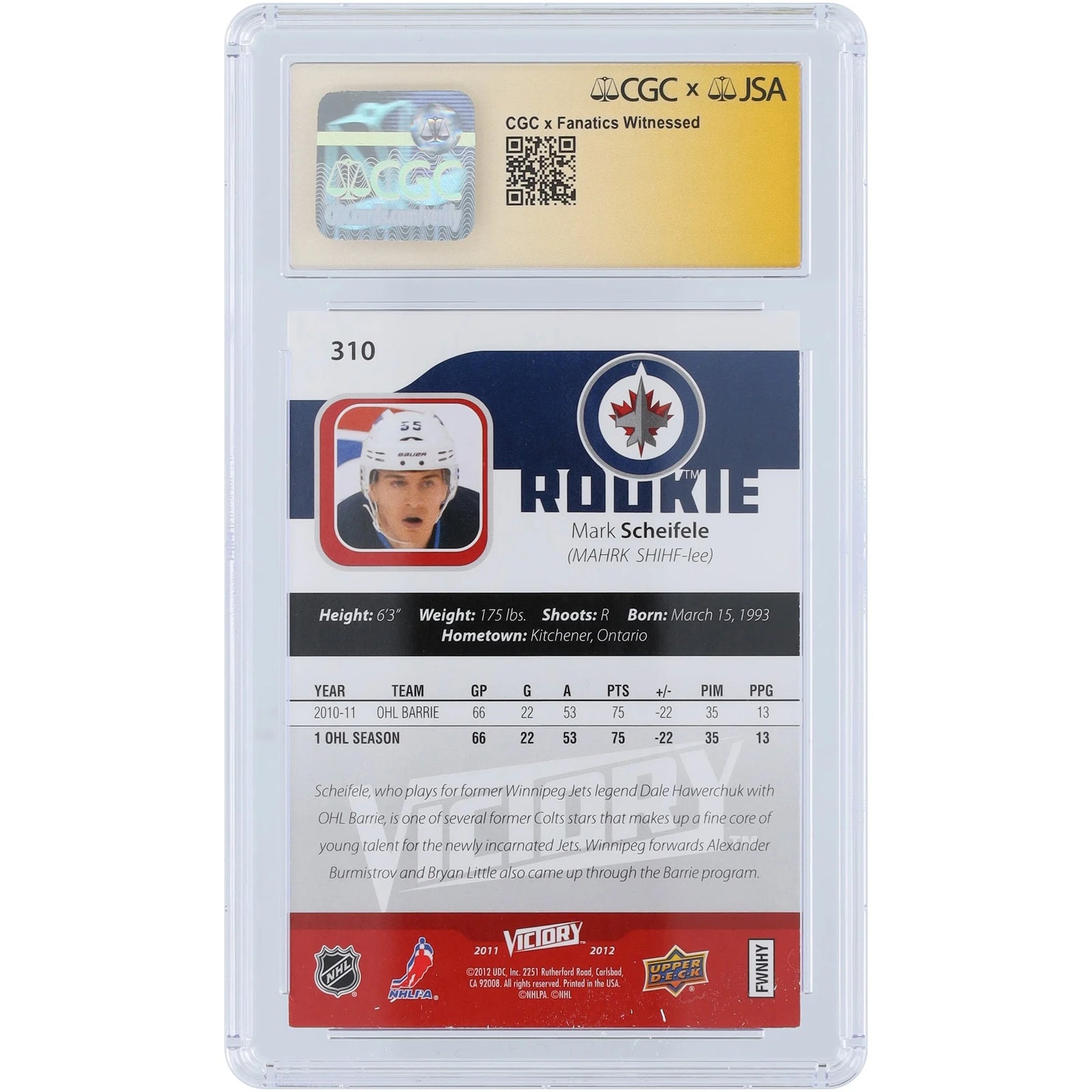 Mark Scheifele Signed 2011-12 Upper Deck Victory Rookie Card #310 | CGC 9