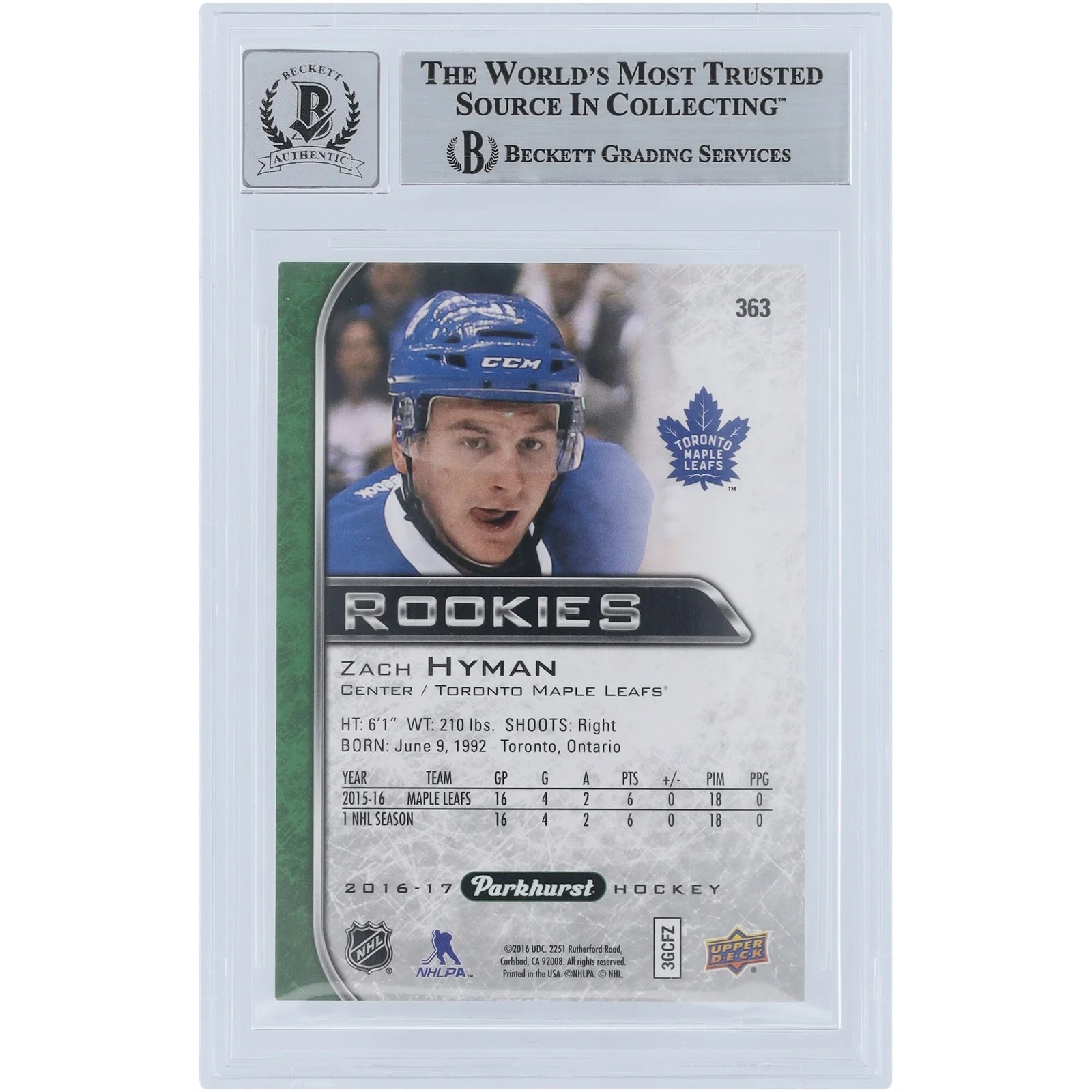 Zach Hyman Signed 2016-17 Upper Deck Parkhurst #363 Rookie Card | Beckett Graded 9