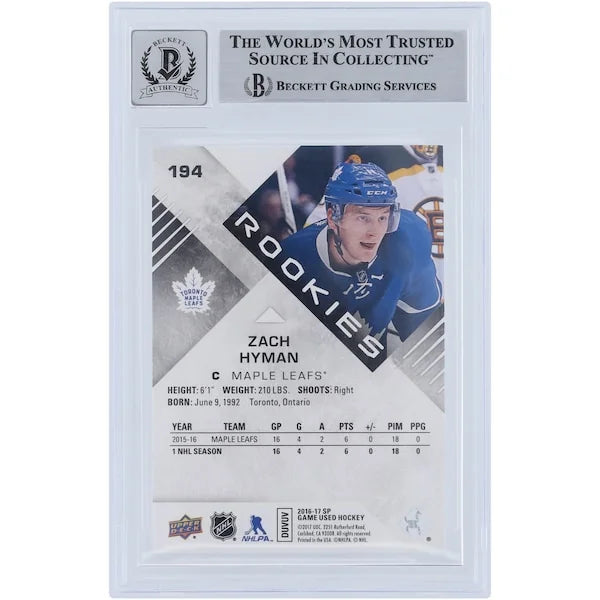 Zach Hyman Signed 2016-17 Upper Deck SP Game Used Purple Rookie #194 Card | Graded 9