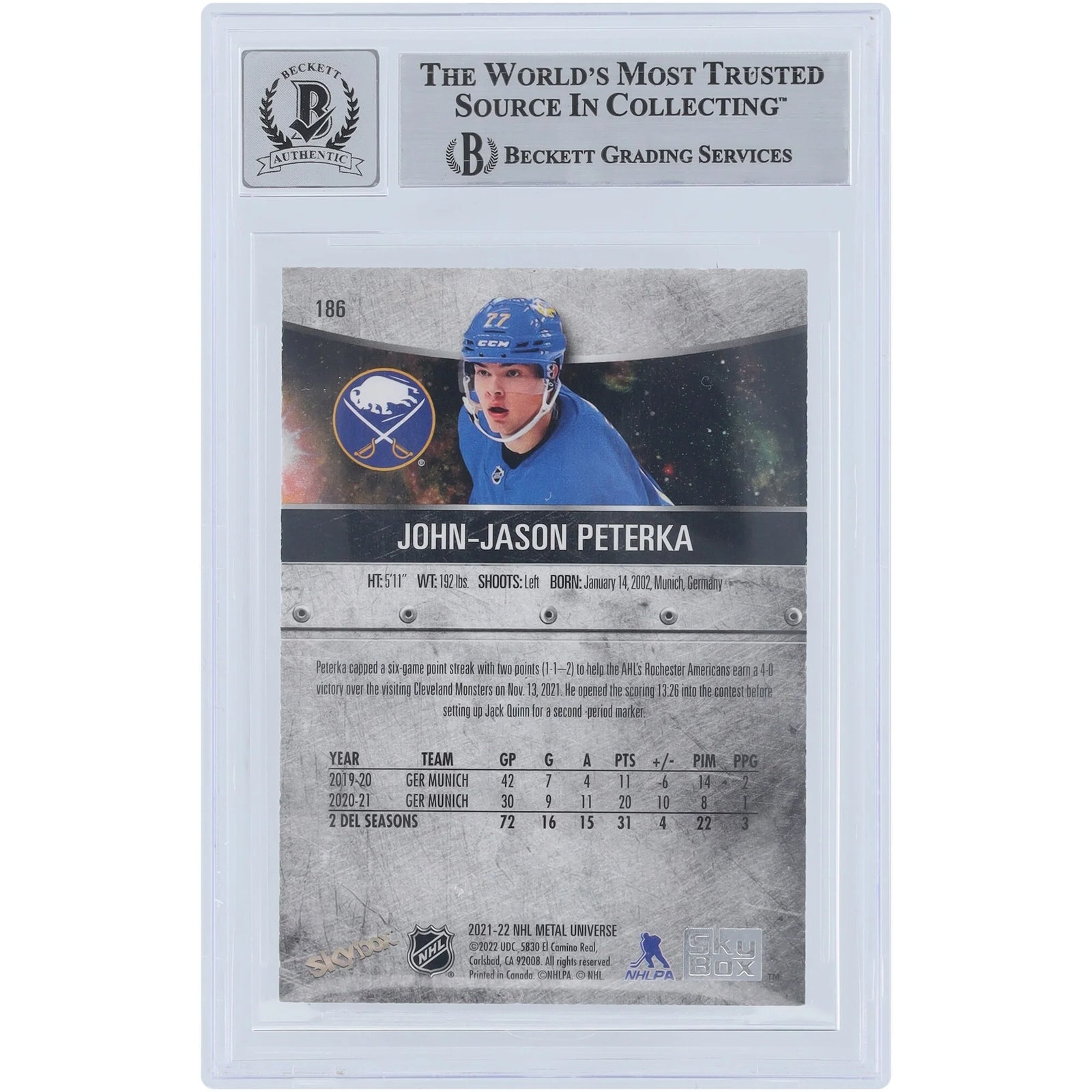 JJ Peterka Signed 2021-22 Skybox Metal Universe Rookie #186 Card | Graded 9