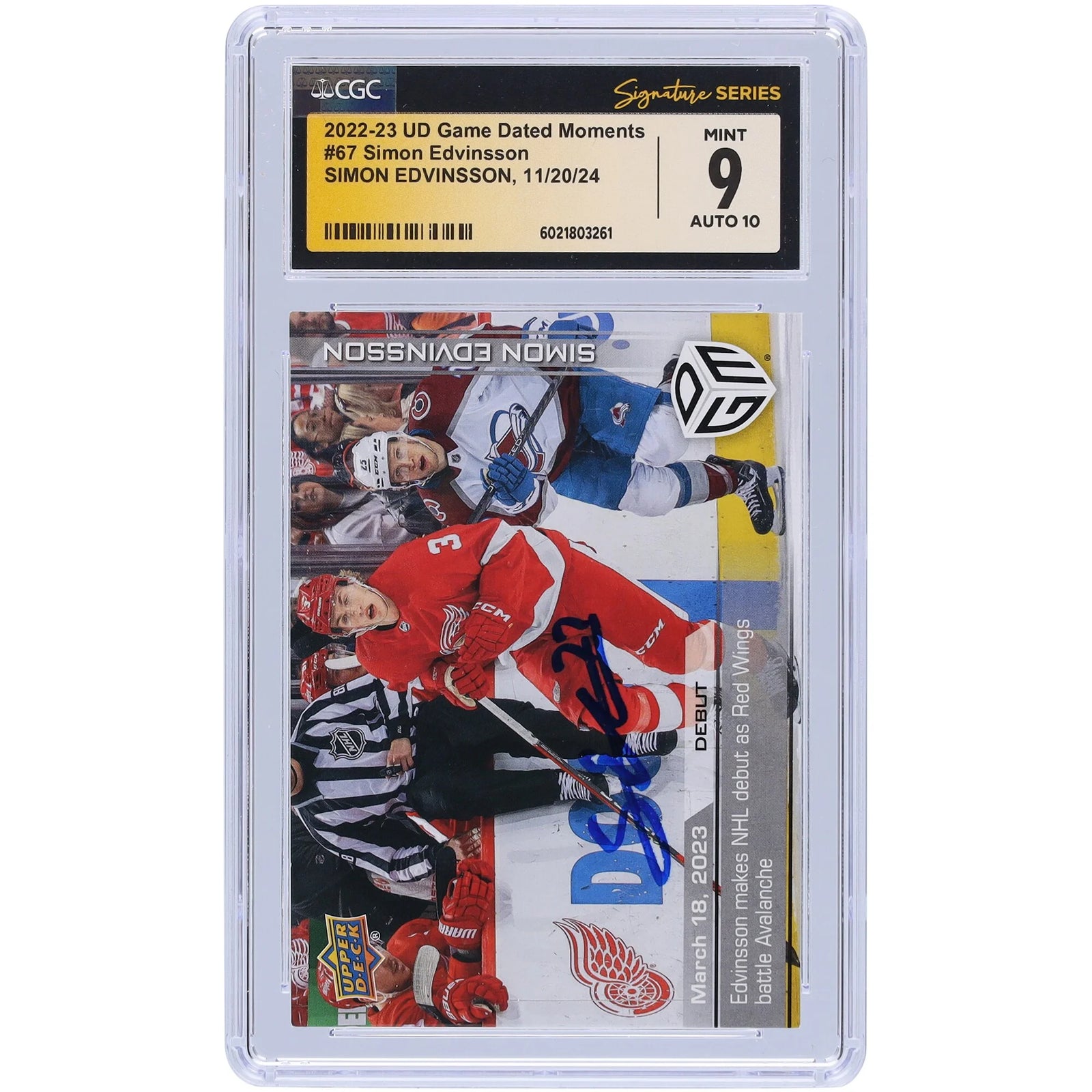 Simon Edvinsson Signed 2022-23 Upper Deck Rookie #67 Card | NHL Debut