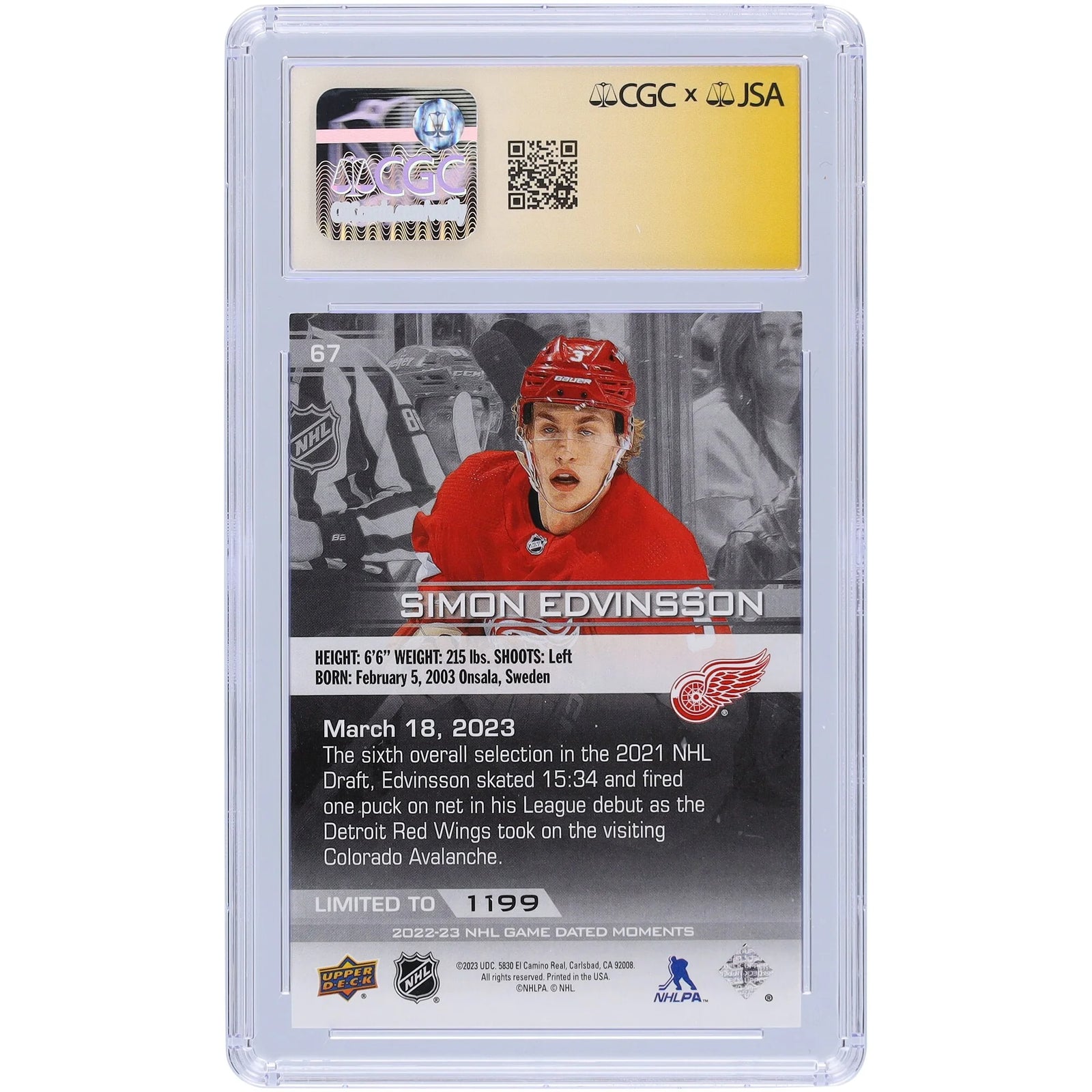 Simon Edvinsson Signed 2022-23 Upper Deck Rookie #67 Card | NHL Debut