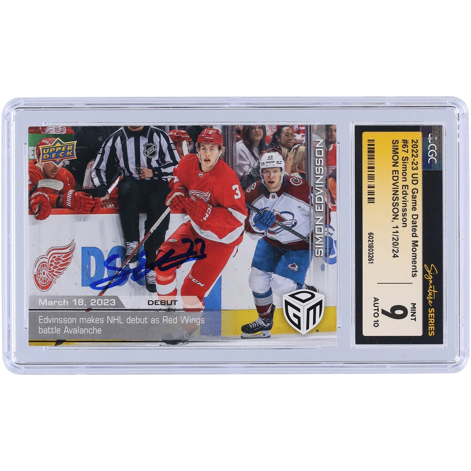 Simon Edvinsson Signed 2022-23 Upper Deck Rookie #67 Card | NHL Debut
