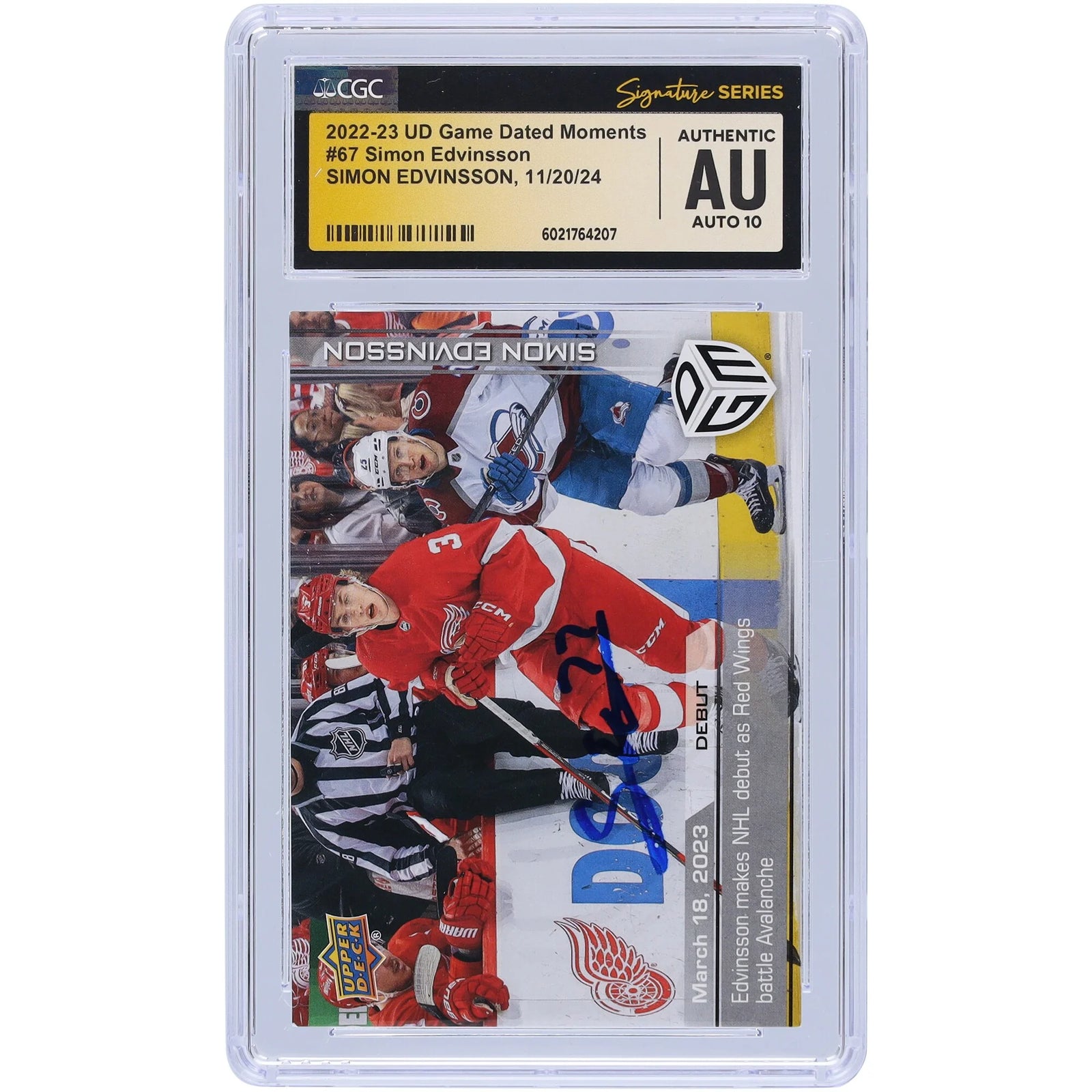 Simon Edvinsson Signed 2022-23 Upper Deck Rookie #67 Card | NHL Debut