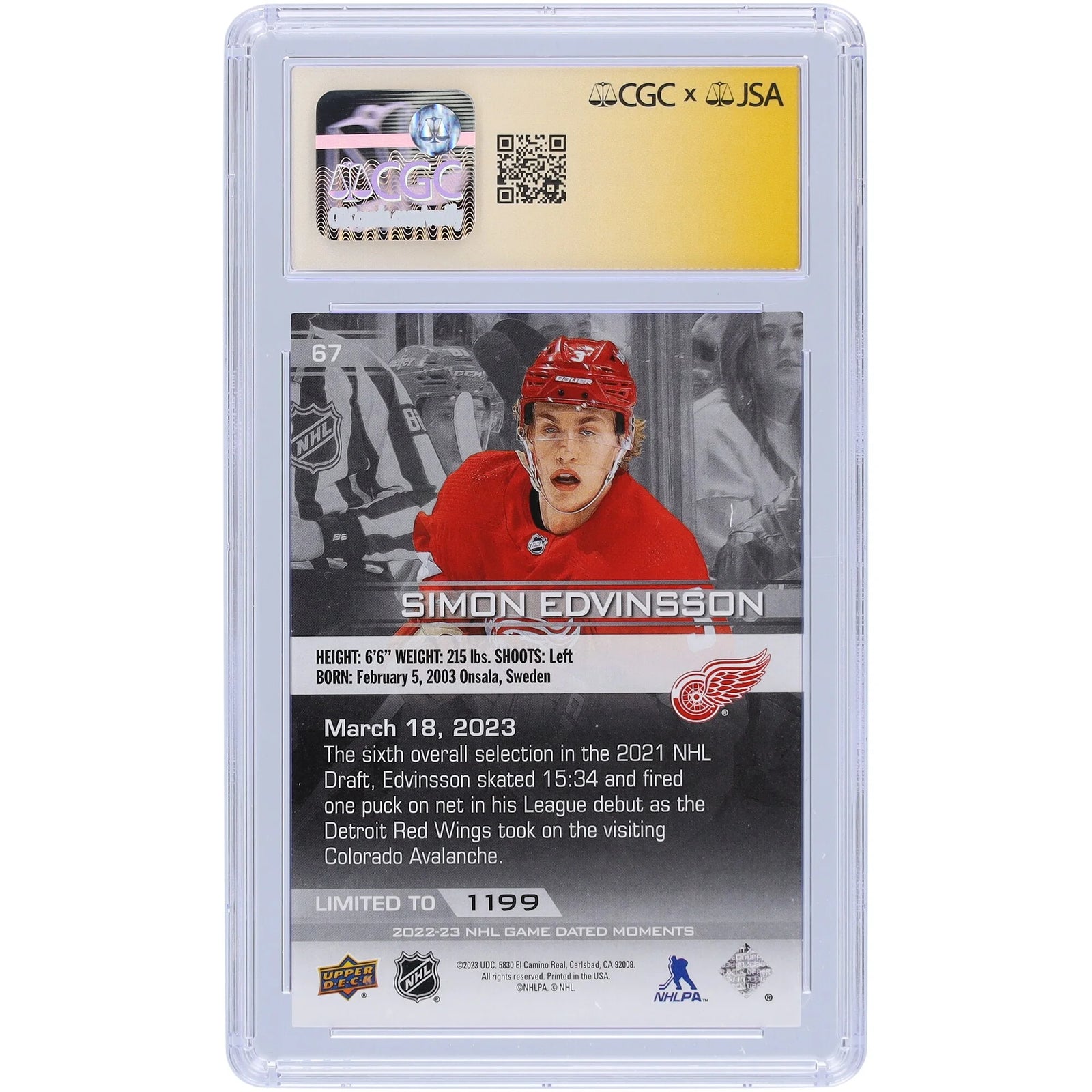 Simon Edvinsson Signed 2022-23 Upper Deck Rookie #67 Card | NHL Debut