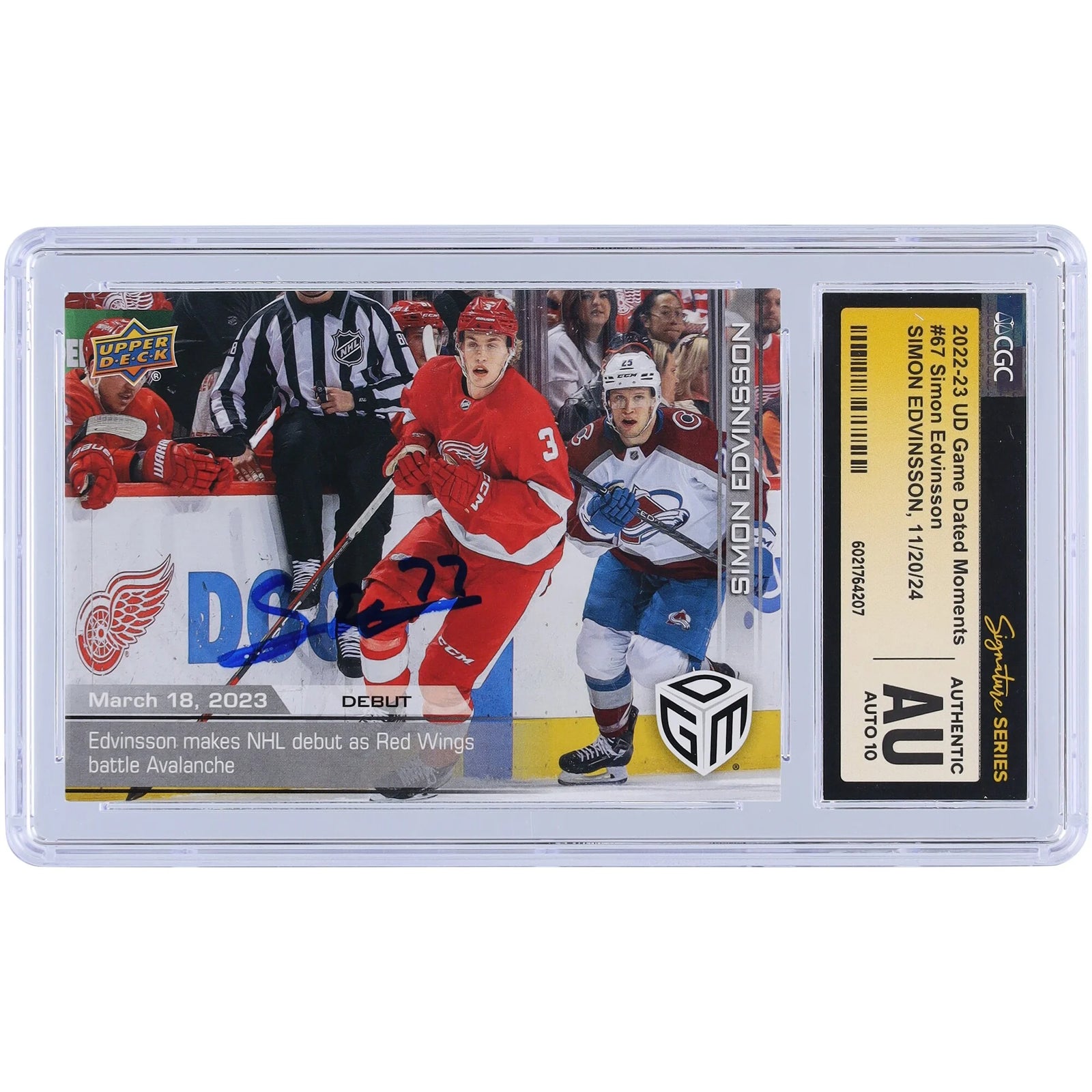 Simon Edvinsson Signed 2022-23 Upper Deck Rookie #67 Card | NHL Debut