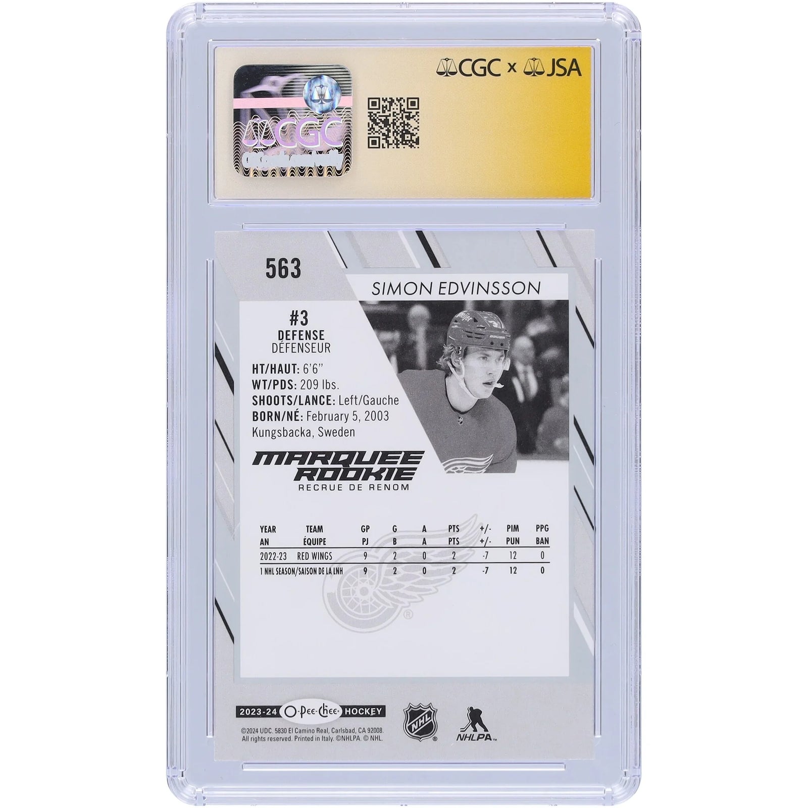 Simon Edvinsson Signed 2023-24 Upper Deck O-Pee-Chee Rookie #563 Card | CGC Auto 10