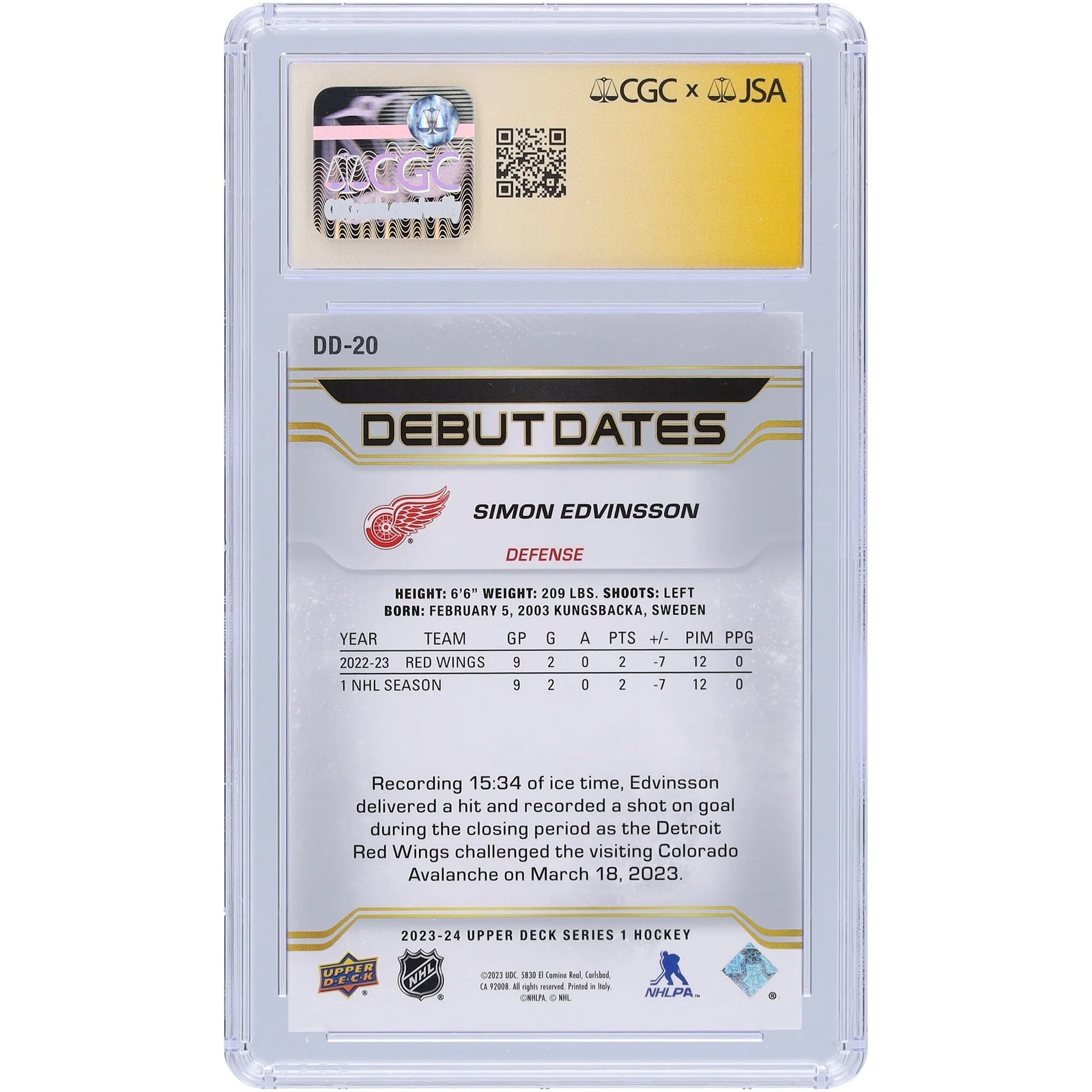 Simon Edvinsson Signed 2023-24 Upper Deck Rookie Card | CGC Authenticated Auto 10