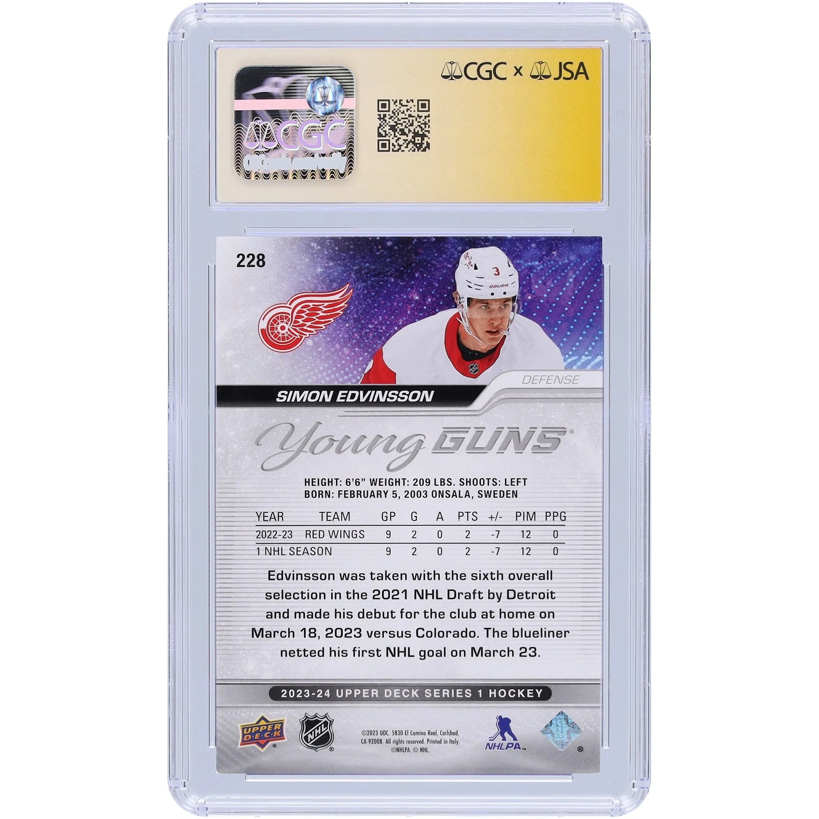Simon Edvinsson Signed 2023-24 Upper Deck Young Guns #228 | CGC 9 Rookie Card