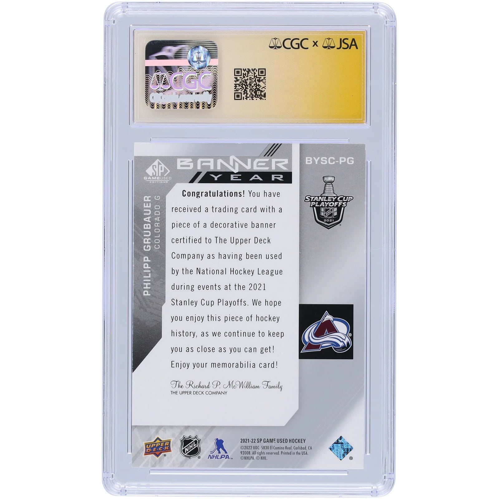 Philipp Grubauer Signed 2021-22 Upper Deck SP Game Used Card | CGC 10