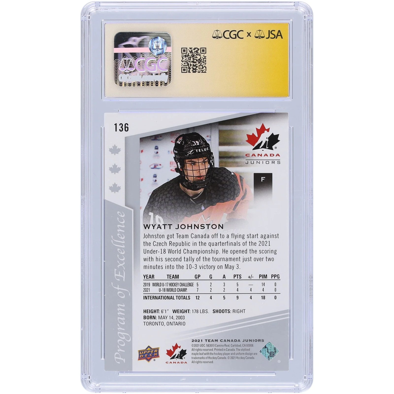 Wyatt Johnston Signed 2021 Upper Deck Team Canada Juniors Rookie Card #136 | CGC Authentic