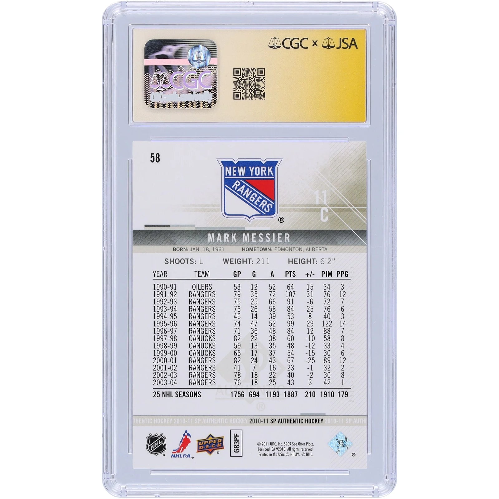 Mark Messier Signed 2010-11 Upper Deck SP Authentic #58 Card | CGC Grade 10