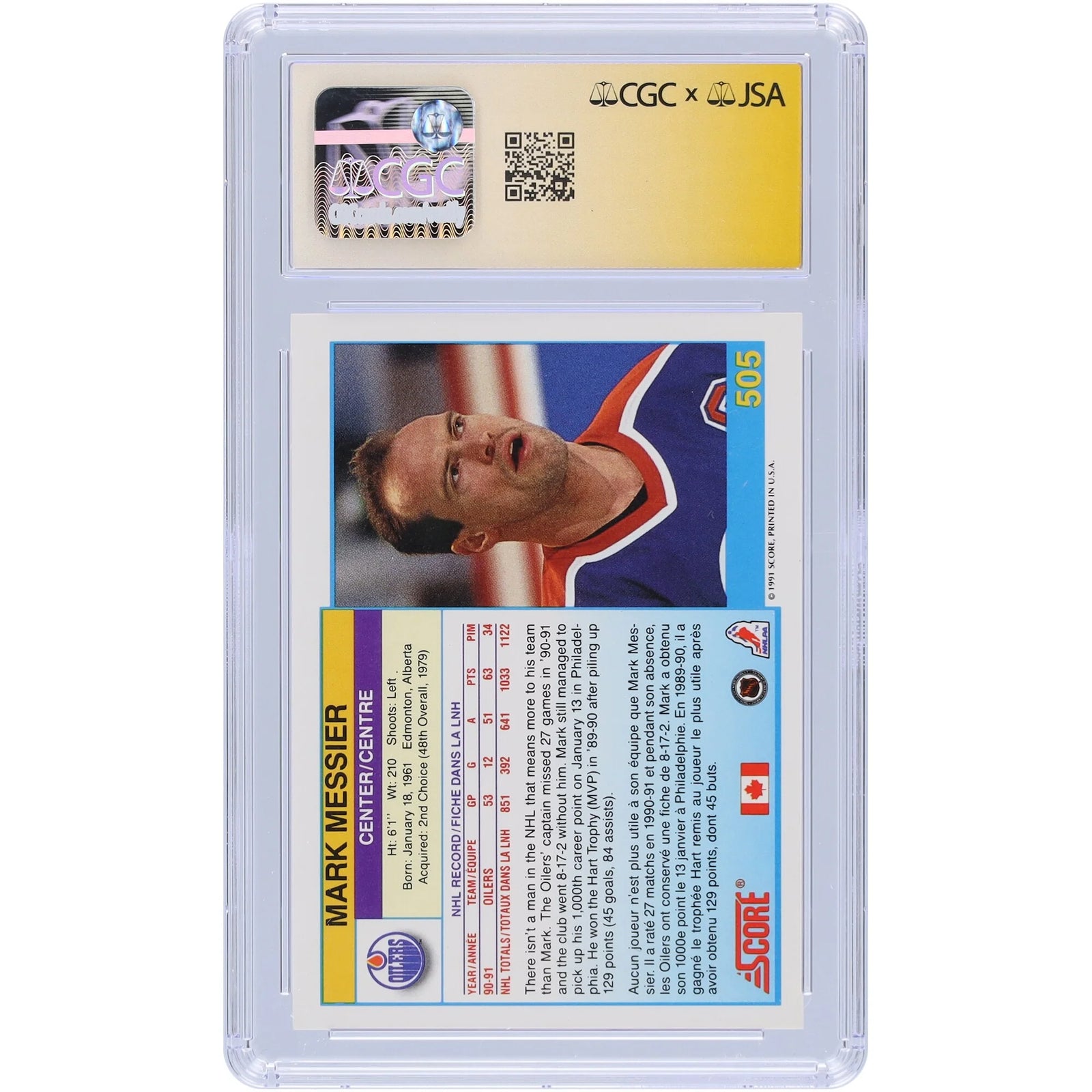 Mark Messier Signed 1991-92 Score Canadian Bilingual #505 | CGC 9