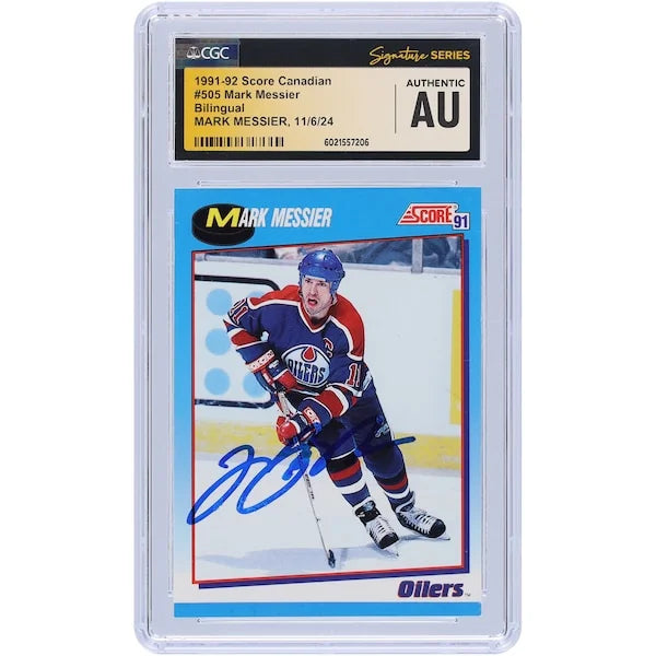 Mark Messier Edmonton Oilers Autographed 1991-92 Score Canadian Bilingual #505 CGC Fanatics Witnessed Authenticated Card - F2