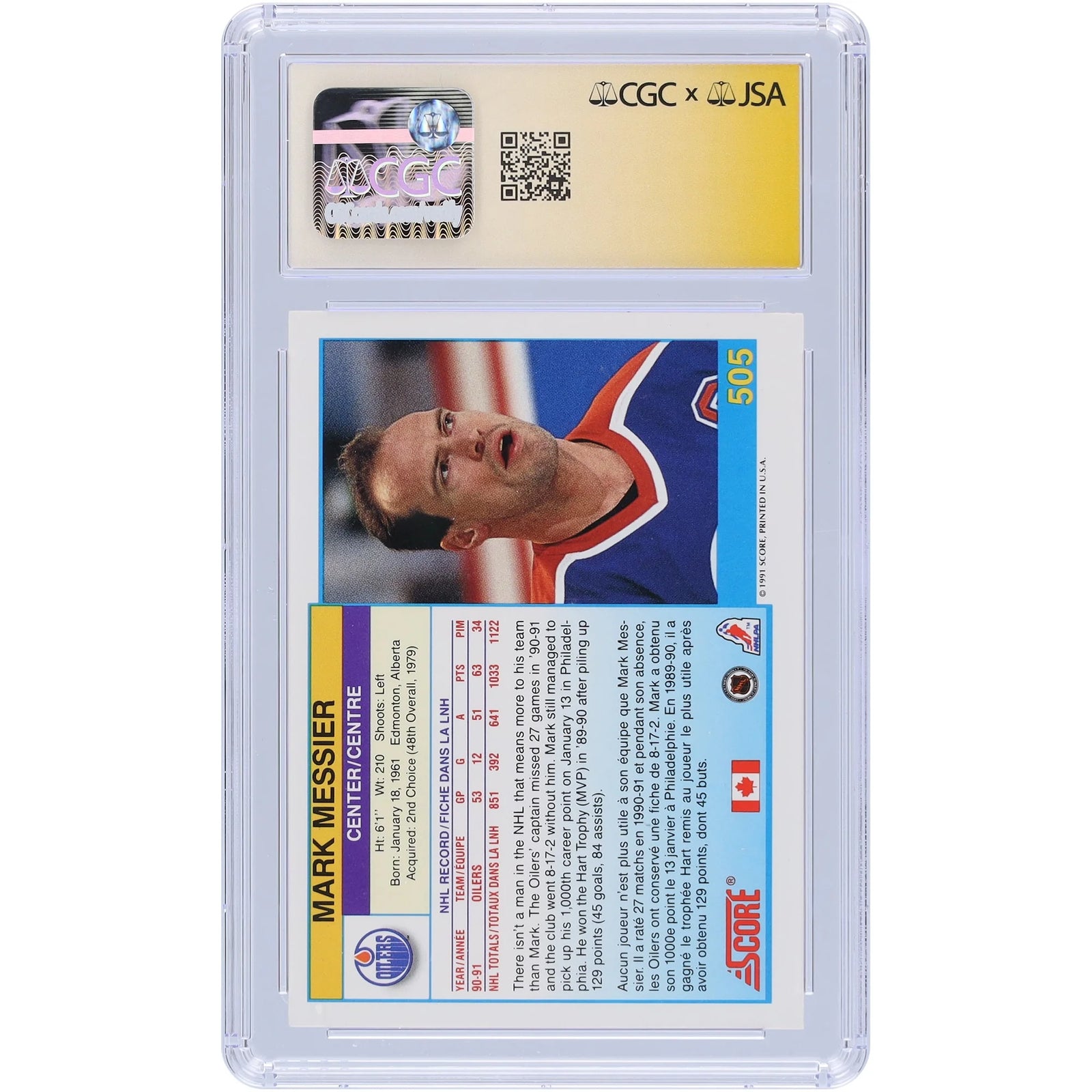 Mark Messier Edmonton Oilers Autographed 1991-92 Score Canadian Bilingual #505 CGC Fanatics Witnessed Authenticated Card - F2