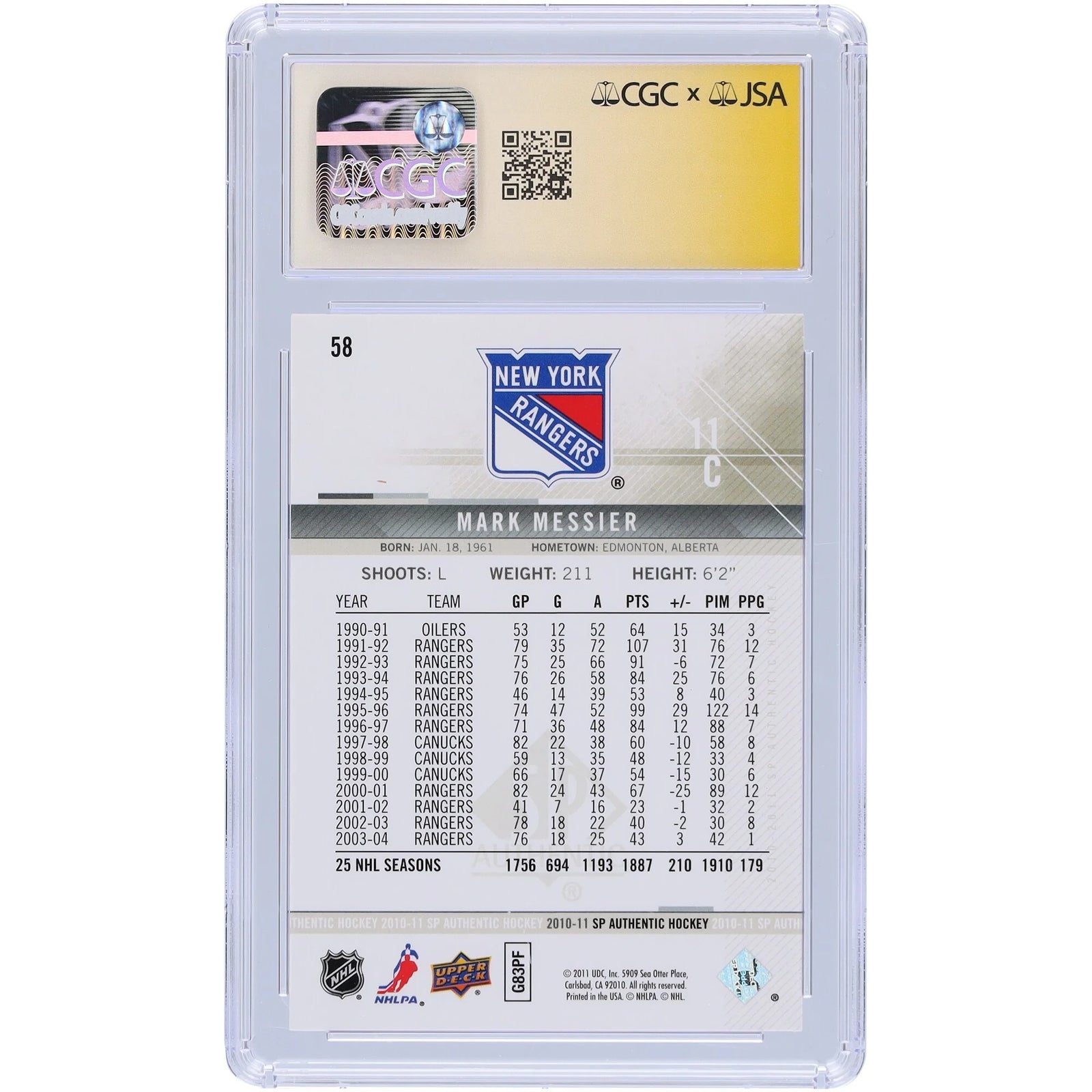 Mark Messier Signed 2010-11 Upper Deck SP Authentic #58 Card | Rangers
