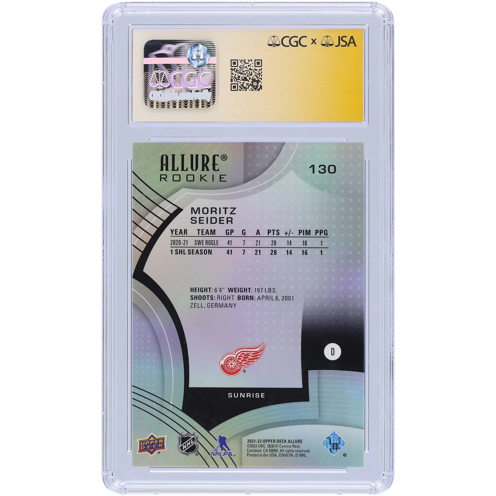 Moritz Seider Signed 2021-22 Upper Deck Allure Sunrise #130 | CGC 9 Rookie Card