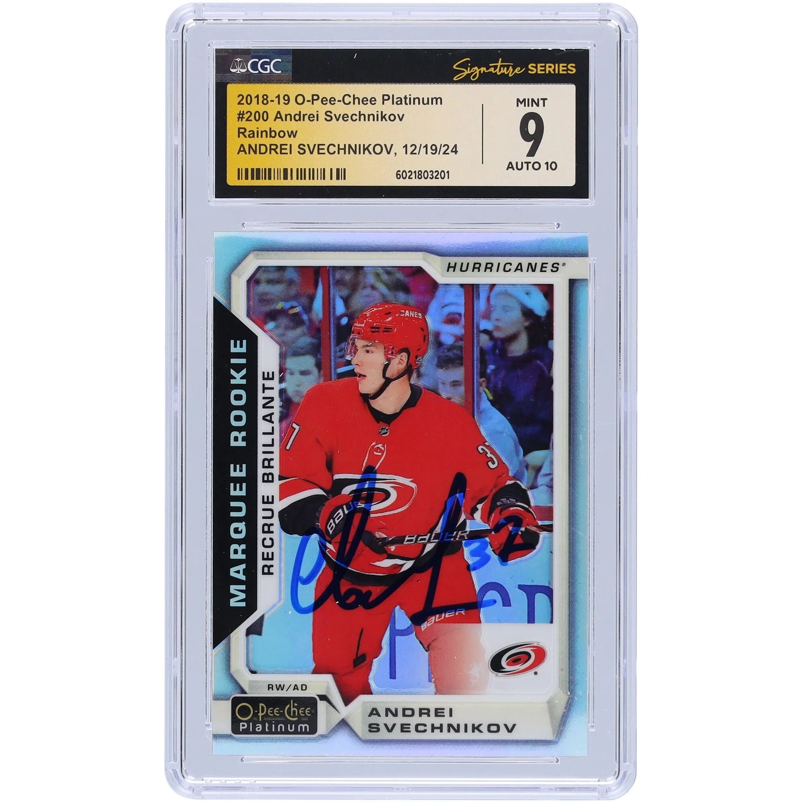Andrei Svechnikov Signed 2018-19 Upper Deck O-Pee-Chee Platinum Rainbow Rookie Card #200