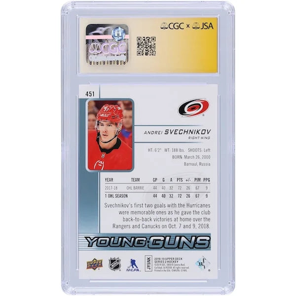 Andrei Svechnikov Signed 2018-19 Upper Deck Young Guns #451 | CGC 9 Rookie Card
