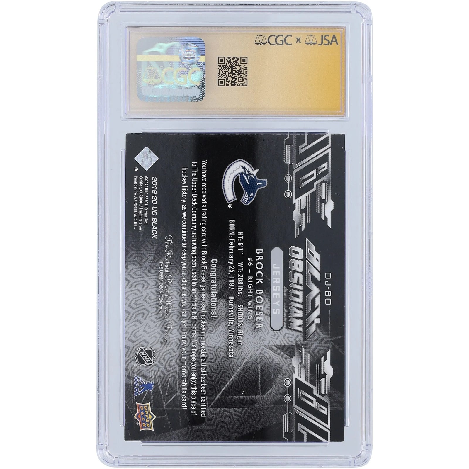 Brock Boeser Signed 2019-20 Upper Deck Black Obsidian Card | CGC Authenticated