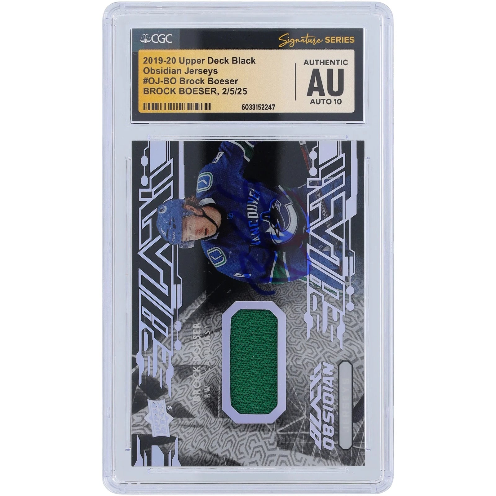 Brock Boeser Signed 2019-20 Upper Deck Black Obsidian Card | Jersey Relic