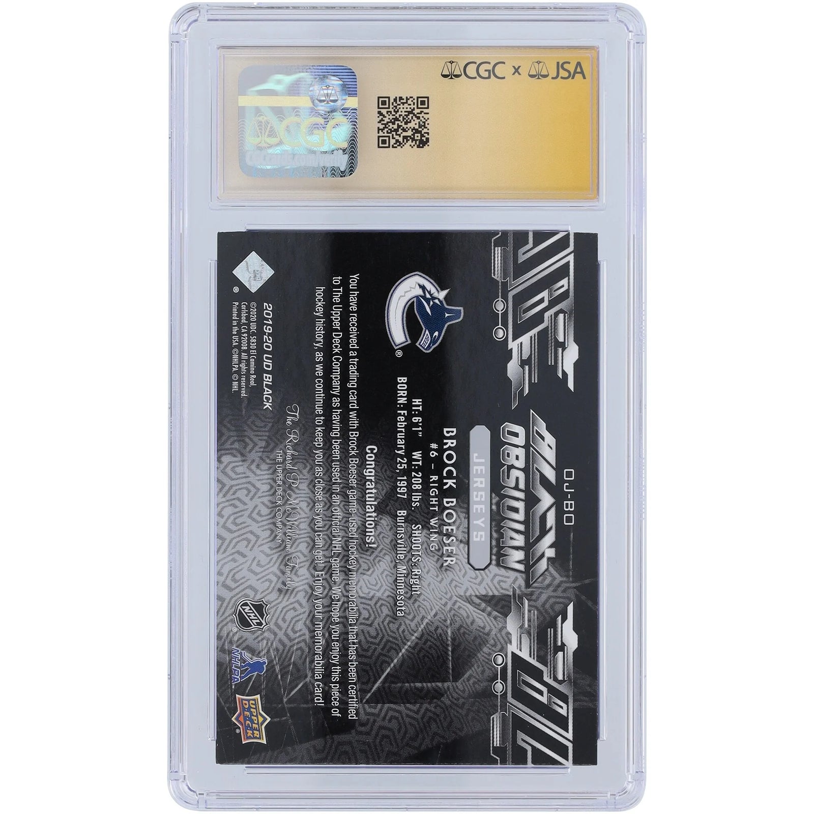 Brock Boeser Signed 2019-20 Upper Deck Black Obsidian Card | Jersey Relic