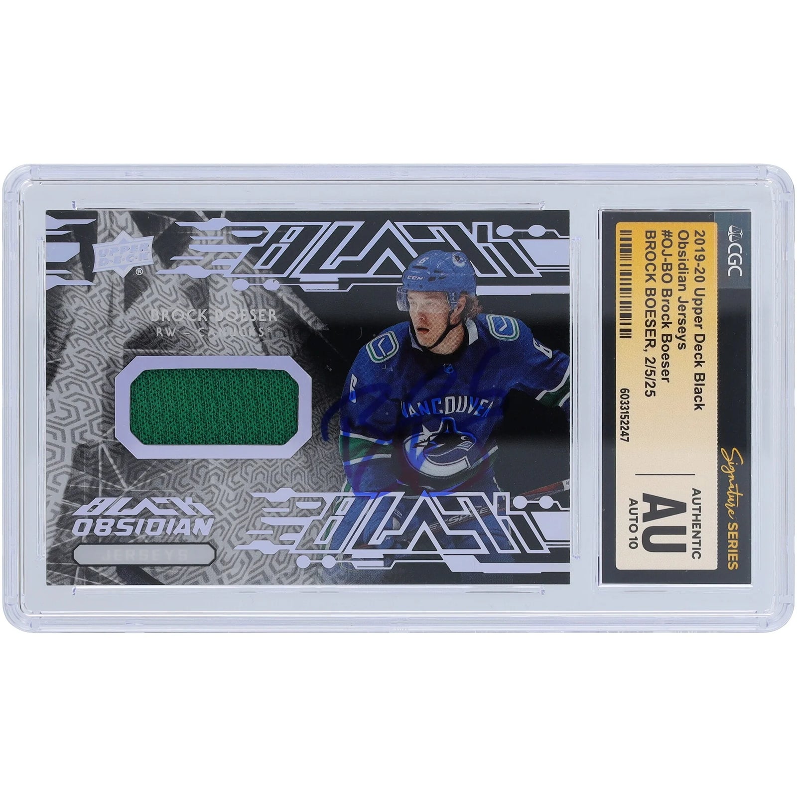 Brock Boeser Signed 2019-20 Upper Deck Black Obsidian Card | Jersey Relic