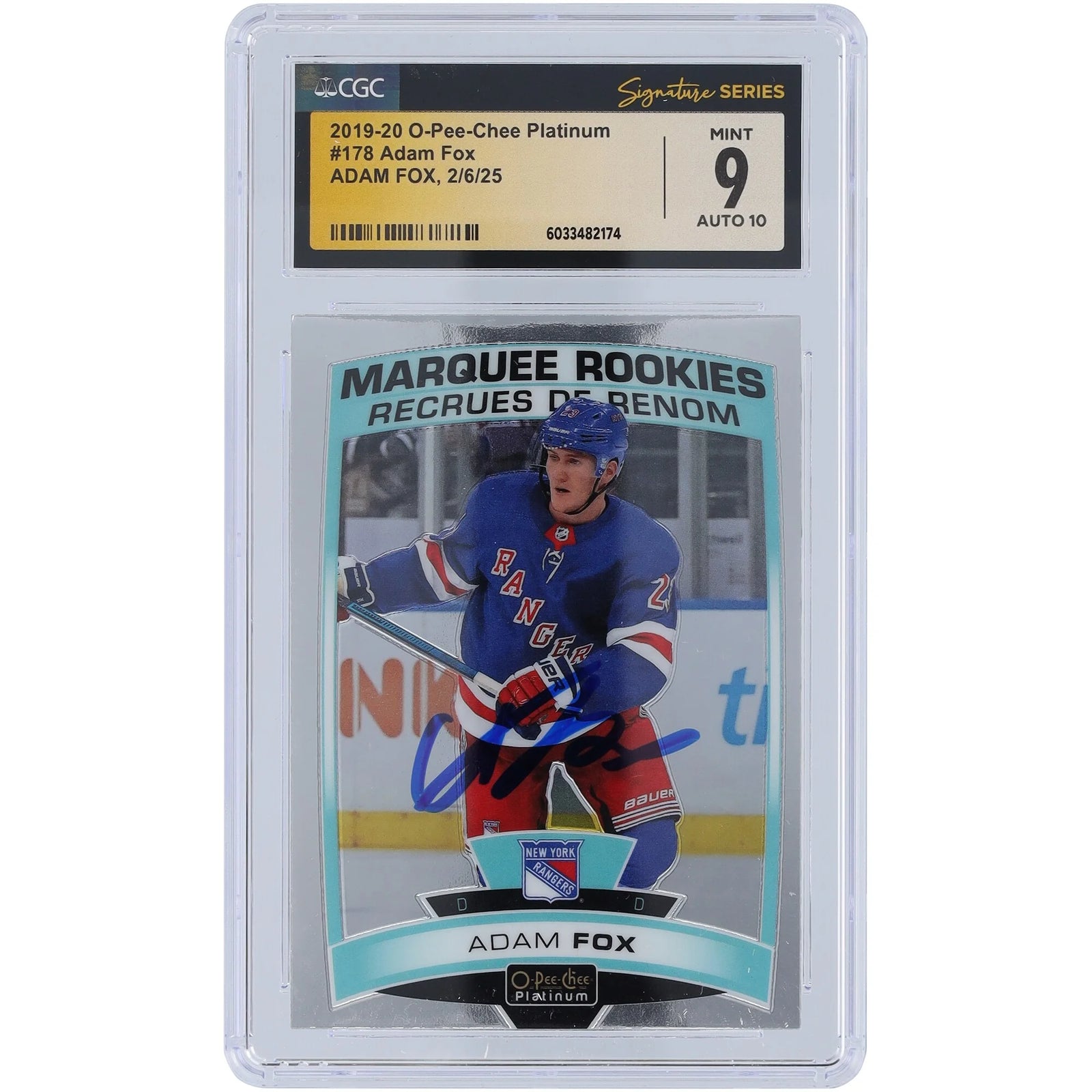 Adam Fox Signed 2019-20 Upper Deck O-Pee-Chee Platinum Rookie Card #178 | CGC 9