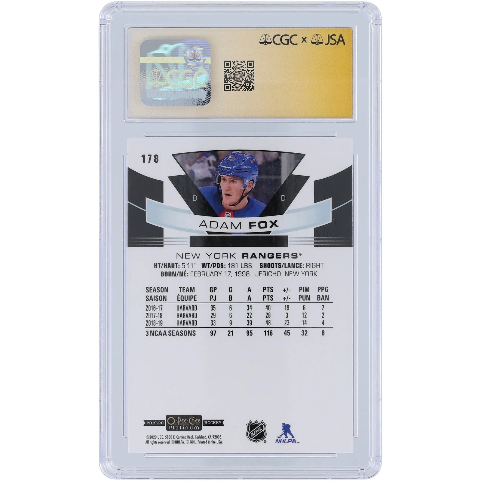 Adam Fox Signed 2019-20 Upper Deck O-Pee-Chee Platinum #178 Rookie Card | CGC 9.5