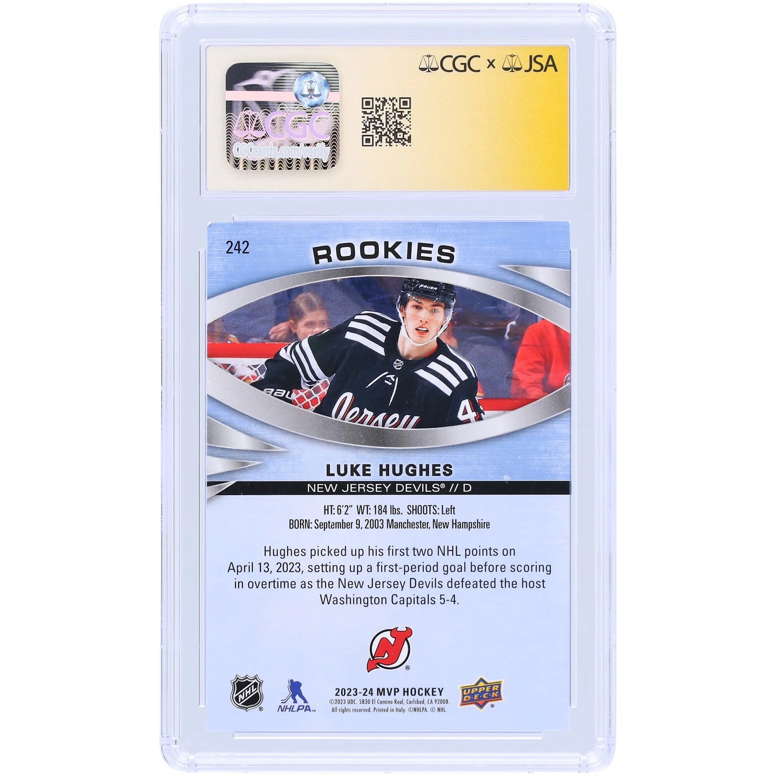 Luke Hughes Signed 2023-24 Upper Deck MVP #242 Card | CGC Authenticated
