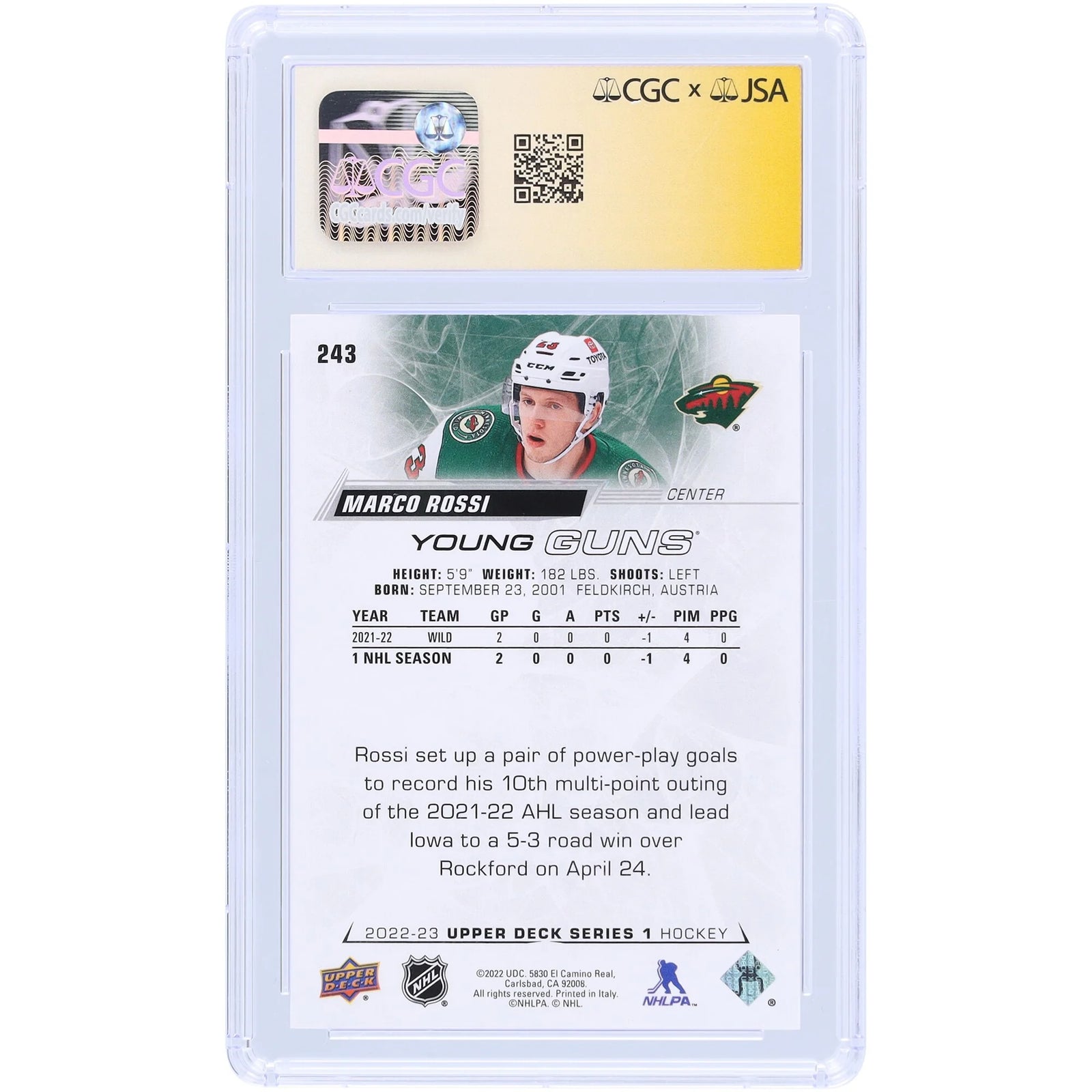 Marco Rossi Signed 2022-23 Upper Deck Young Guns #243 | CGC 9 Rookie Card