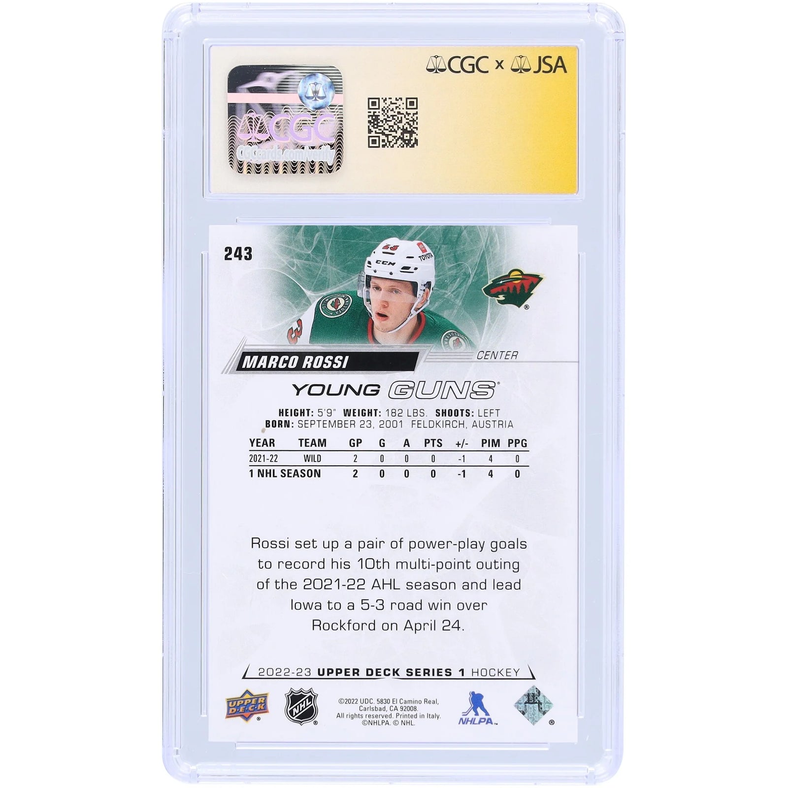 Marco Rossi Signed 2022-23 Upper Deck Young Guns #243 | CGC 9.5 Rookie Card