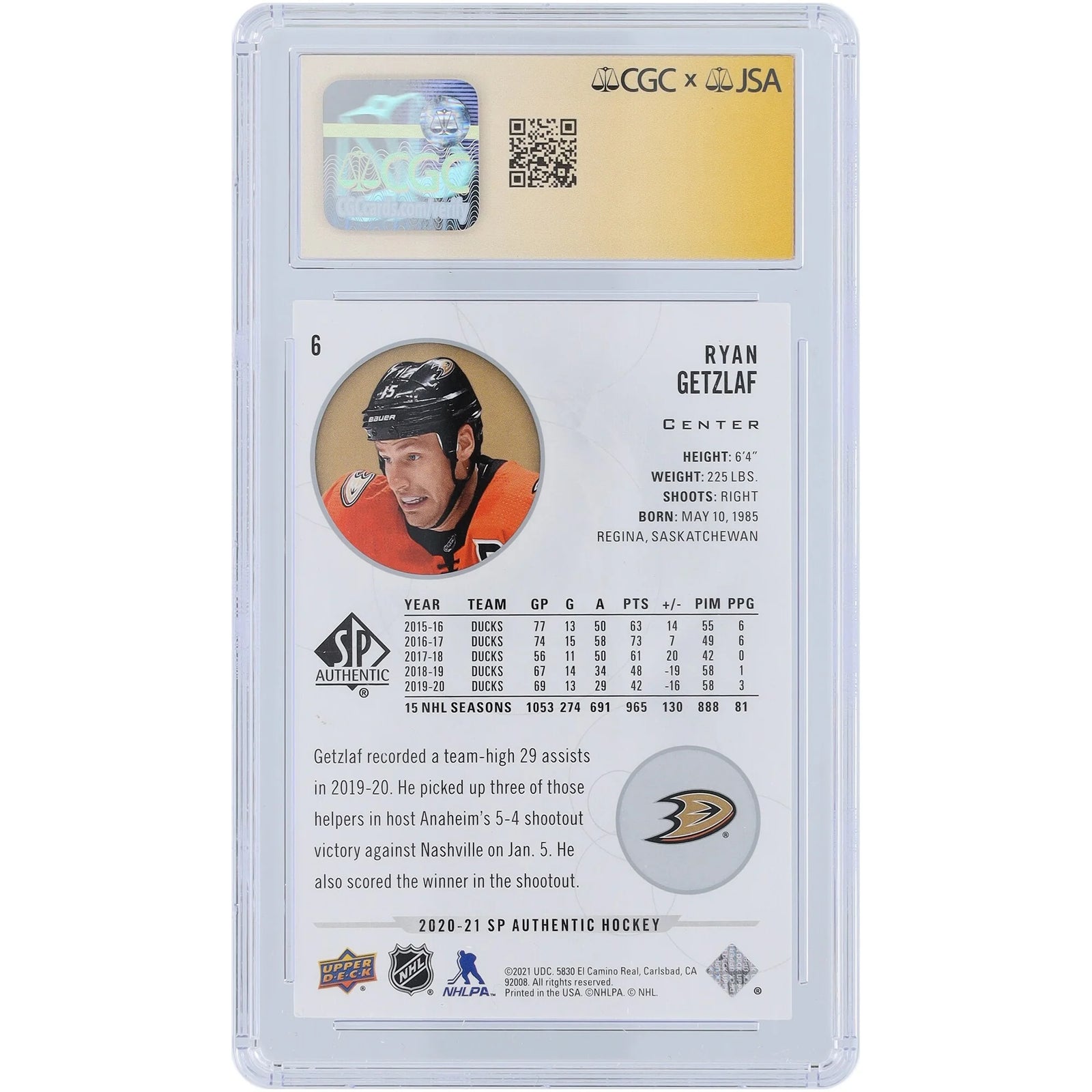 Ryan Getzlaf Signed 2020-21 Upper Deck SP Authentic #6 Card | CGC Authenticated