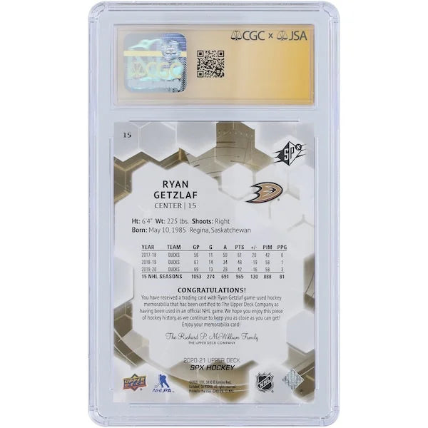 Ryan Getzlaf Signed 2020-21 Upper Deck SPX Relic #15 Card | Ducks