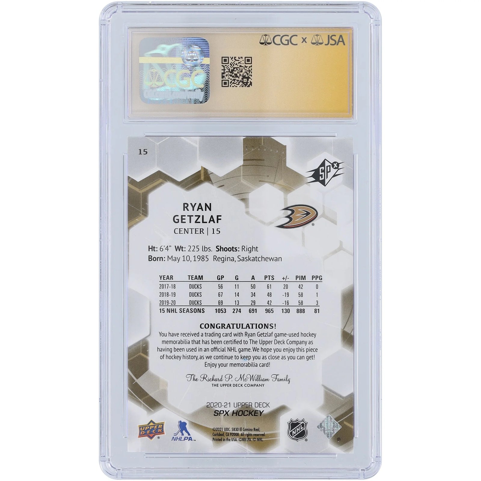Ryan Getzlaf Signed 2020-21 Upper Deck SPX Relic #15 Card | Ducks