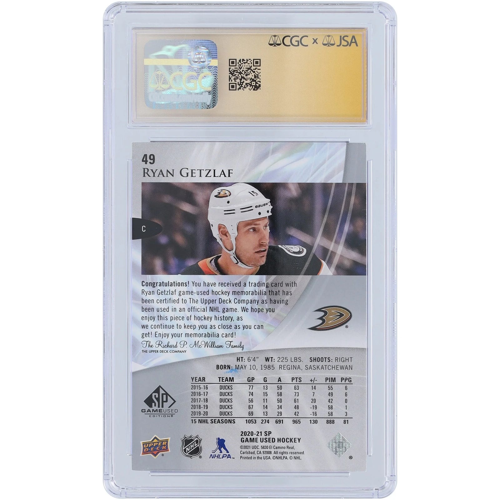 Ryan Getzlaf Signed 2020-21 Upper Deck SP Game Used Relic #49 Card | Authenticated