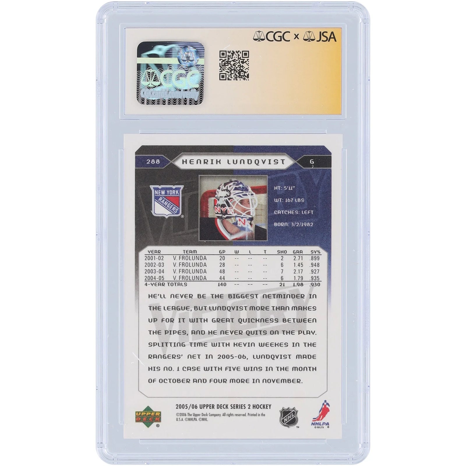 Henrik Lundqvist Signed 2005-06 Upper Deck Victory Rookies #288 | CGC 9