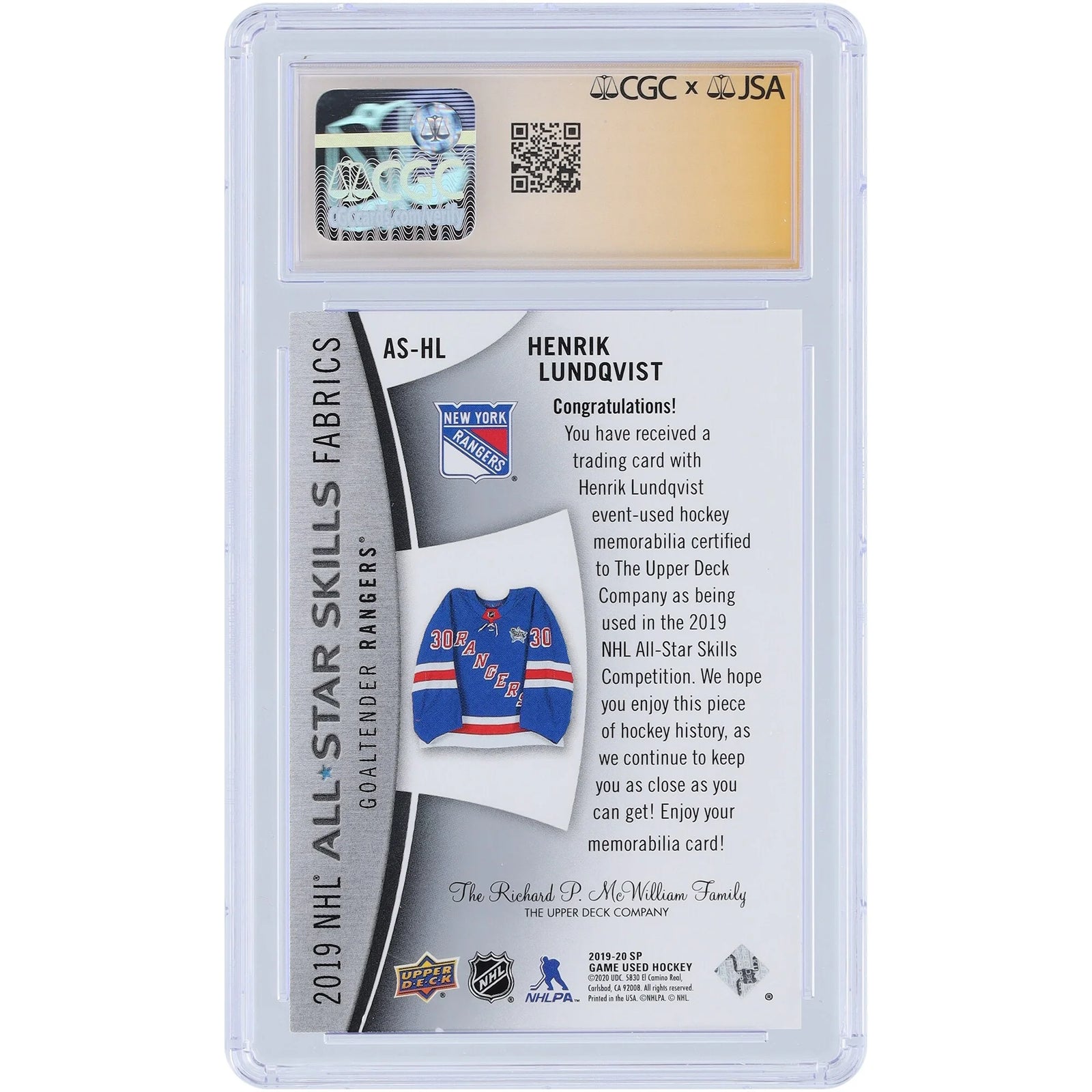 Henrik Lundqvist Signed 2019-20 Upper Deck SP Game Used Card | All-Star Skills Relic