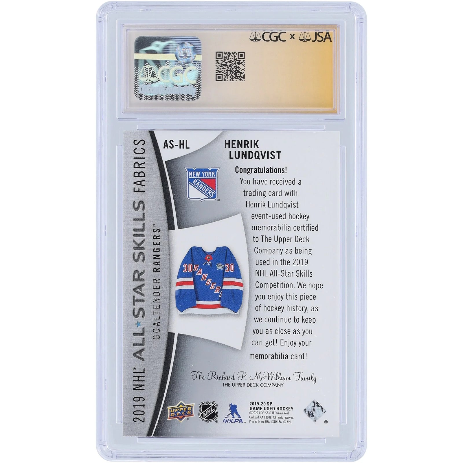 Henrik Lundqvist Signed 2019-20 Upper Deck SP Game Used All-Star Skills Card | CGC 9.5