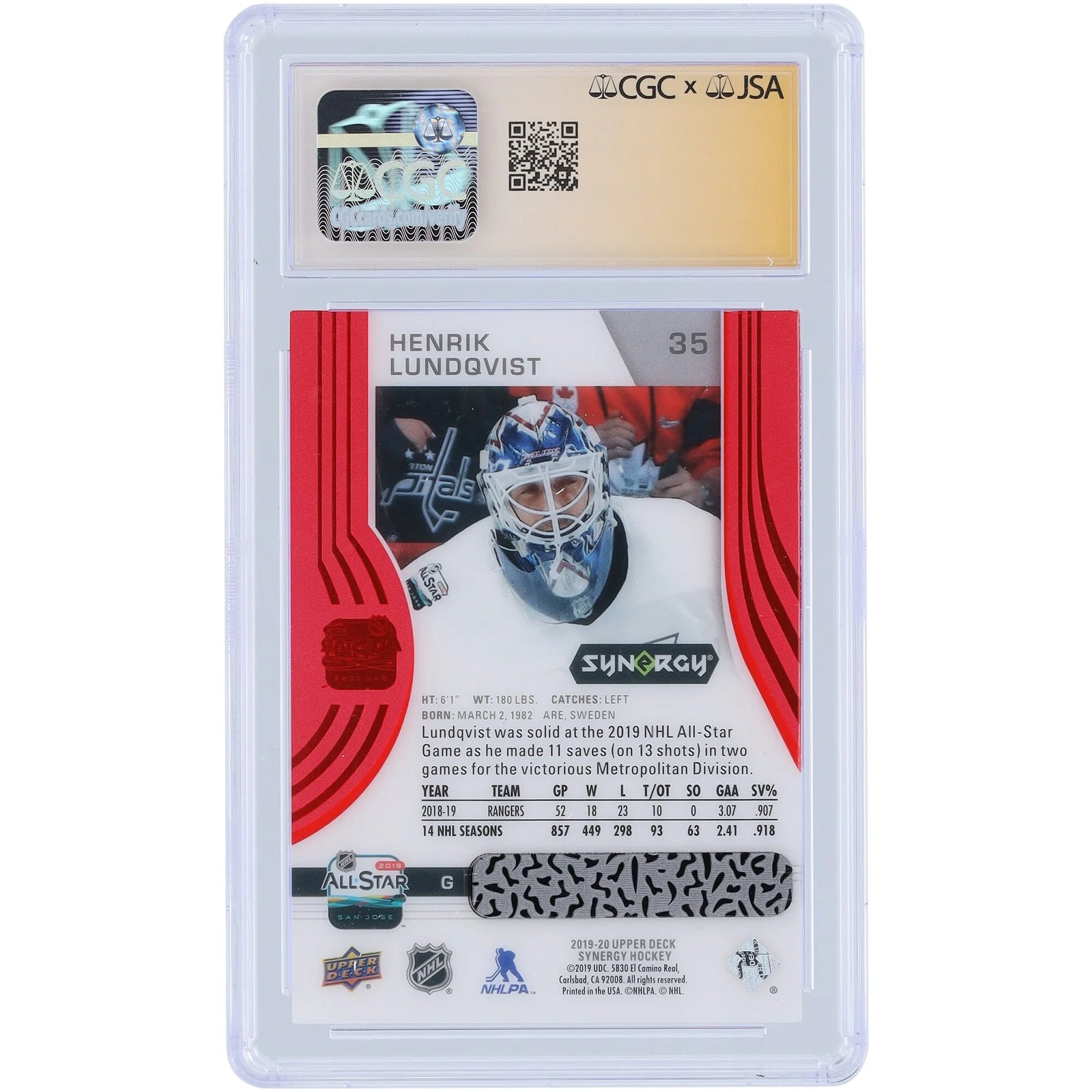 Henrik Lundqvist Signed 2019-20 Upper Deck Synergy Red #35 Card | CGC 9.5