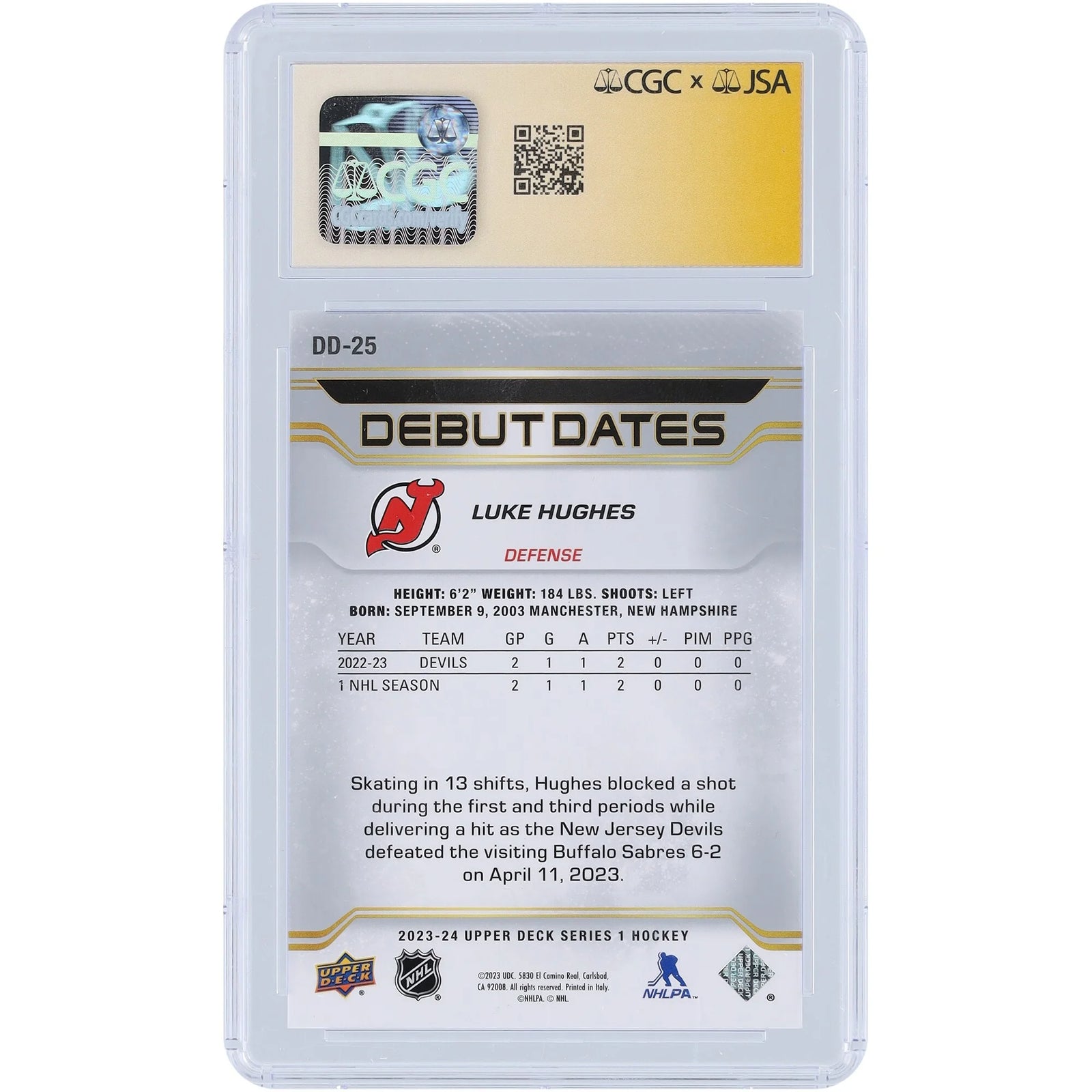 Luke Hughes Signed 2023-24 Upper Deck Rookie Card | CGC Graded Mint 9