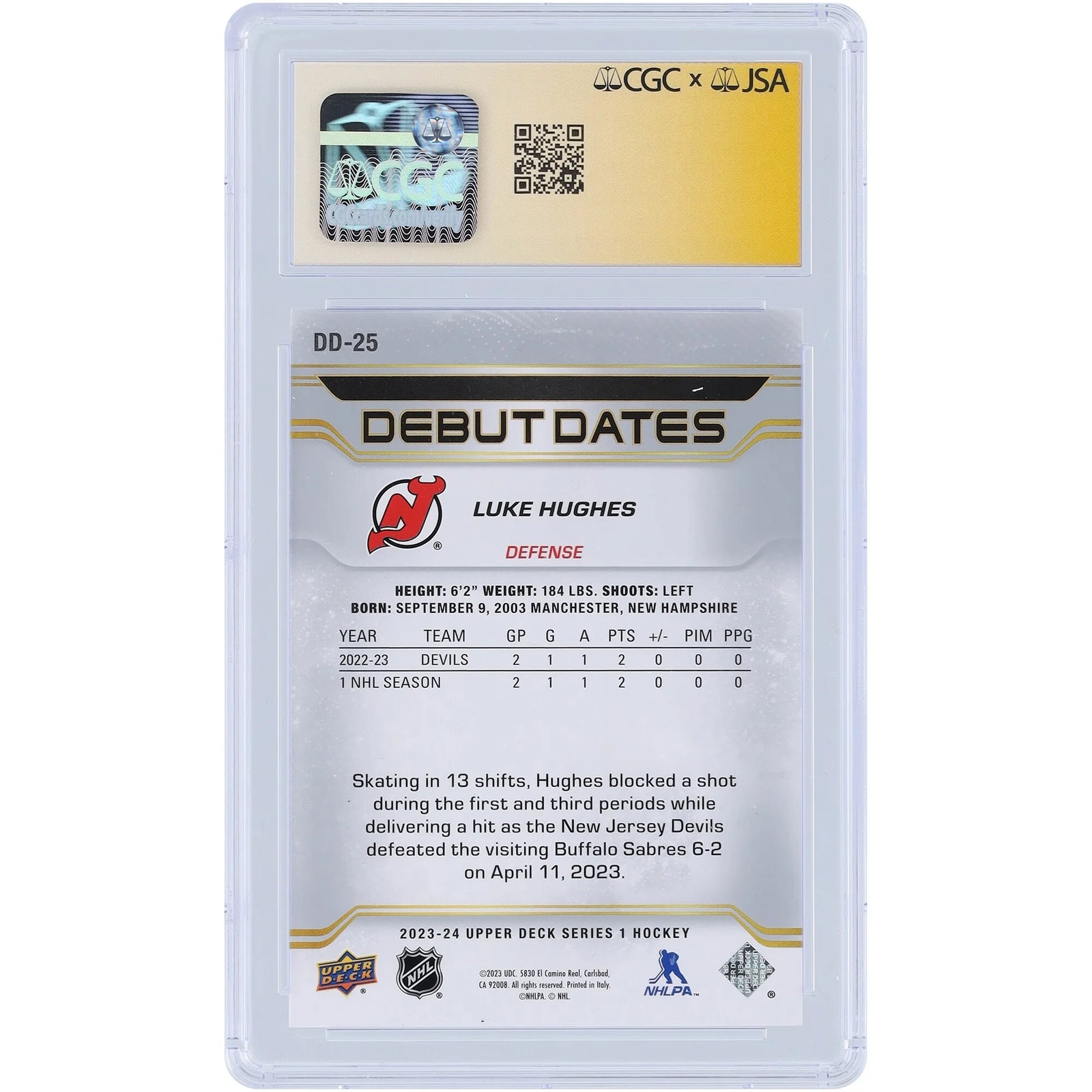 Luke Hughes Signed 2023-24 Upper Deck Debut Dates Rookie Card | CGC 9