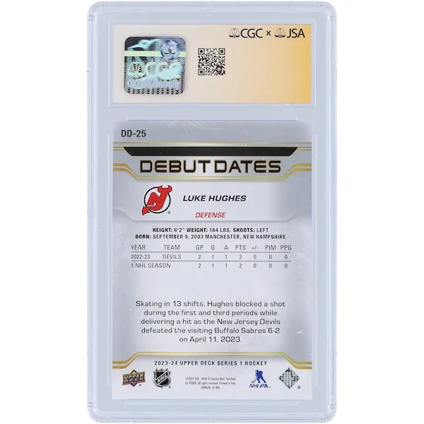Luke Hughes Signed 2023-24 Upper Deck Debut Dates Rookie Card | CGC 9.5