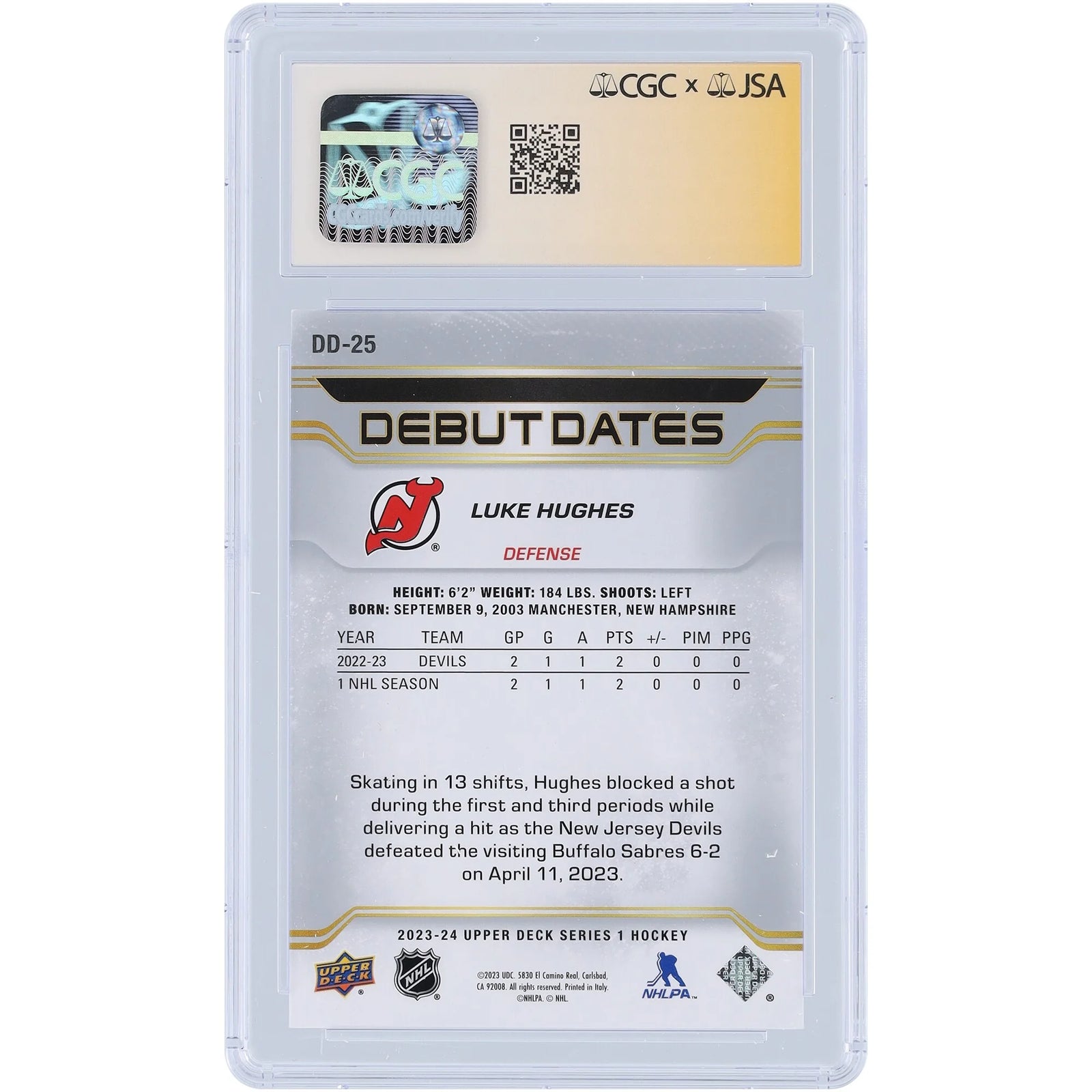 Luke Hughes Signed 2023-24 Upper Deck Debut Dates Rookie Card | CGC 9.5