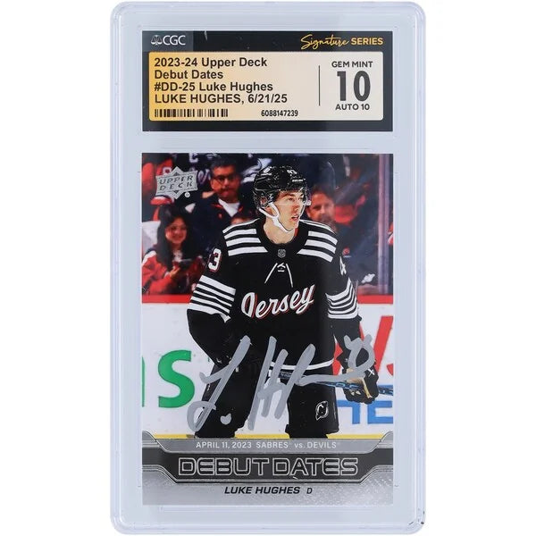 Luke Hughes Signed 2023-24 Upper Deck Debut Dates Rookie Card | CGC 10