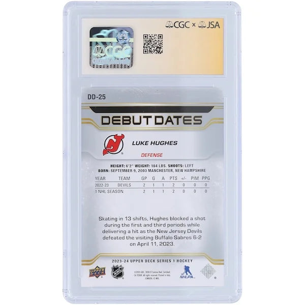 Luke Hughes Signed 2023-24 Upper Deck Debut Dates Rookie Card | CGC 10