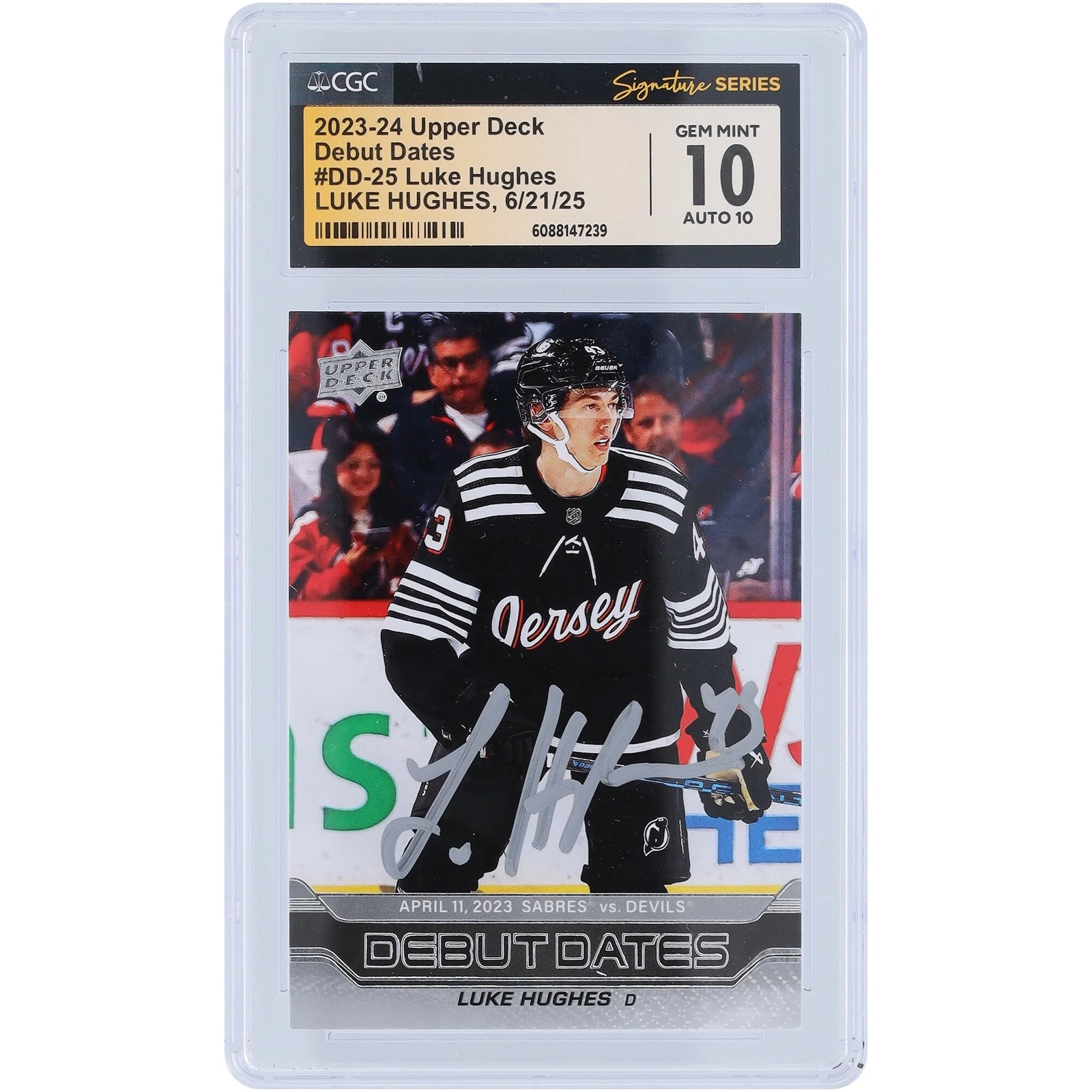 Luke Hughes Signed 2023-24 Upper Deck Debut Dates Rookie Card | CGC 10