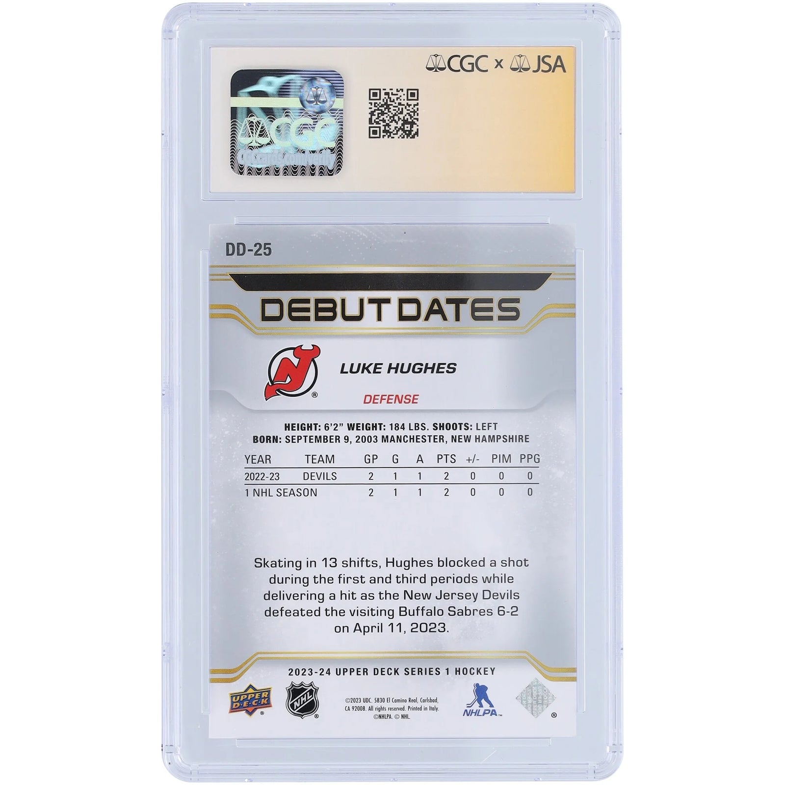 Luke Hughes Signed 2023-24 Upper Deck Debut Dates Rookie Card | CGC 10