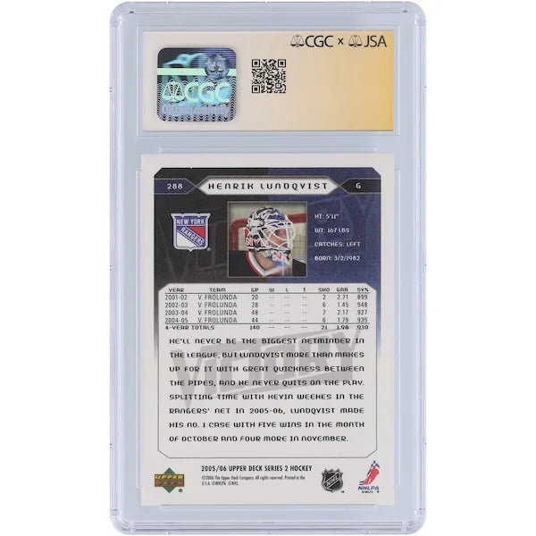 Henrik Lundqvist Signed 2005-06 Upper Deck Victory Rookies #288 | CGC Auto 10